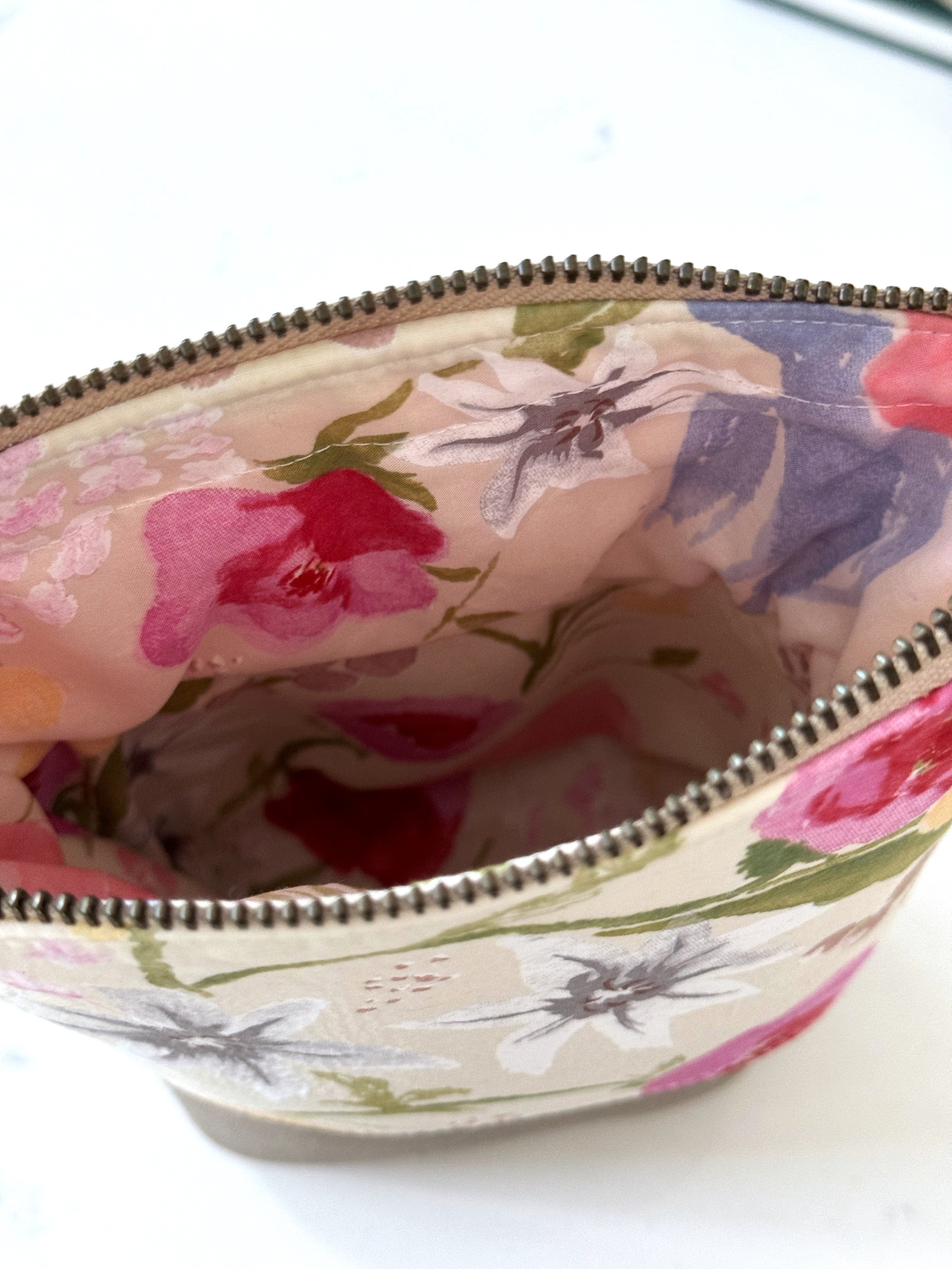 The Kate - Zipper Art Supply Pouch in Beige Vegan Leather and Japanese Watercolor Florals - KrisChris