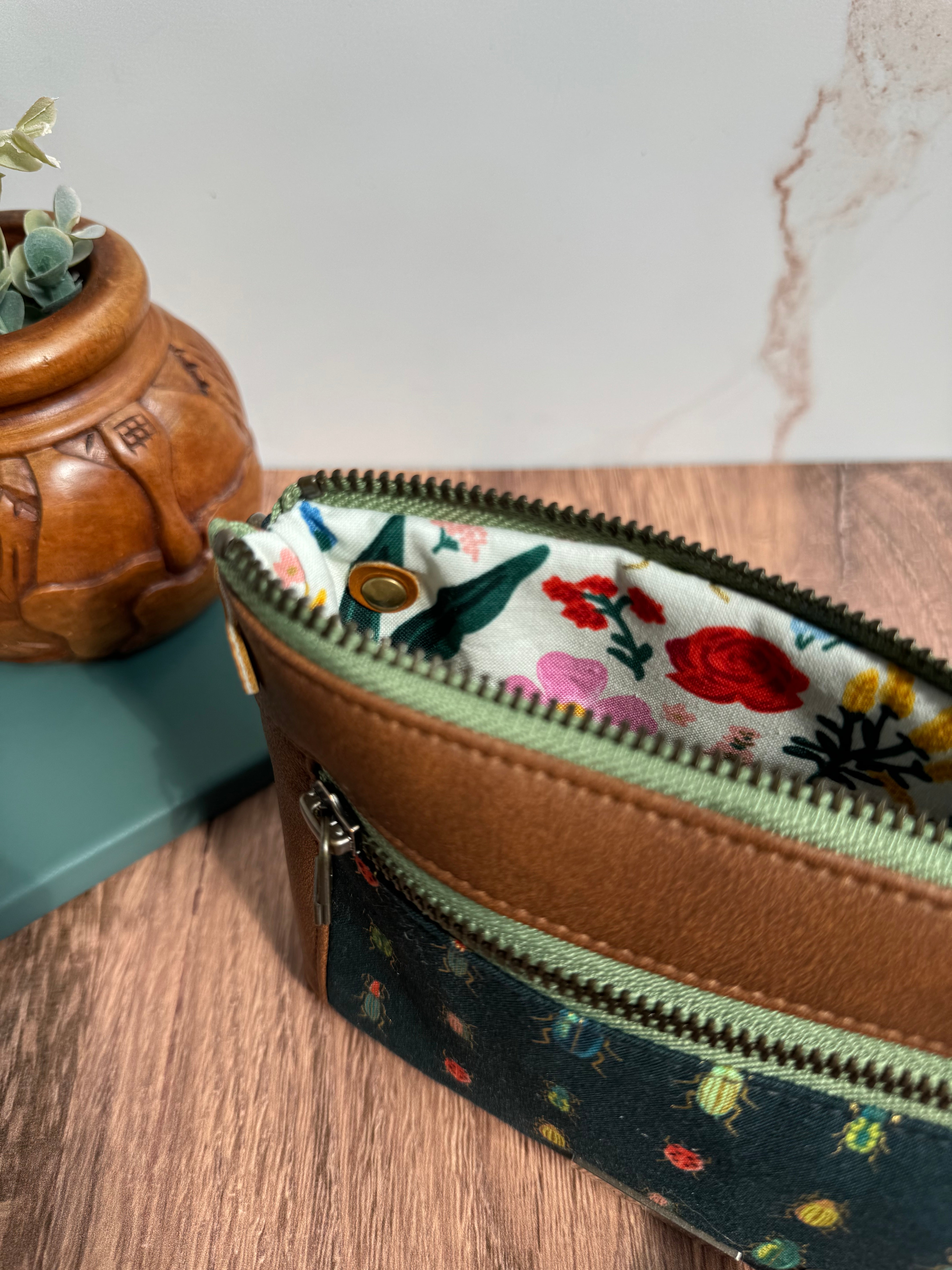 The Erin - Double Zippered Pouch in Tan Vegan Leather and Green Bug Fabric - KrisChris