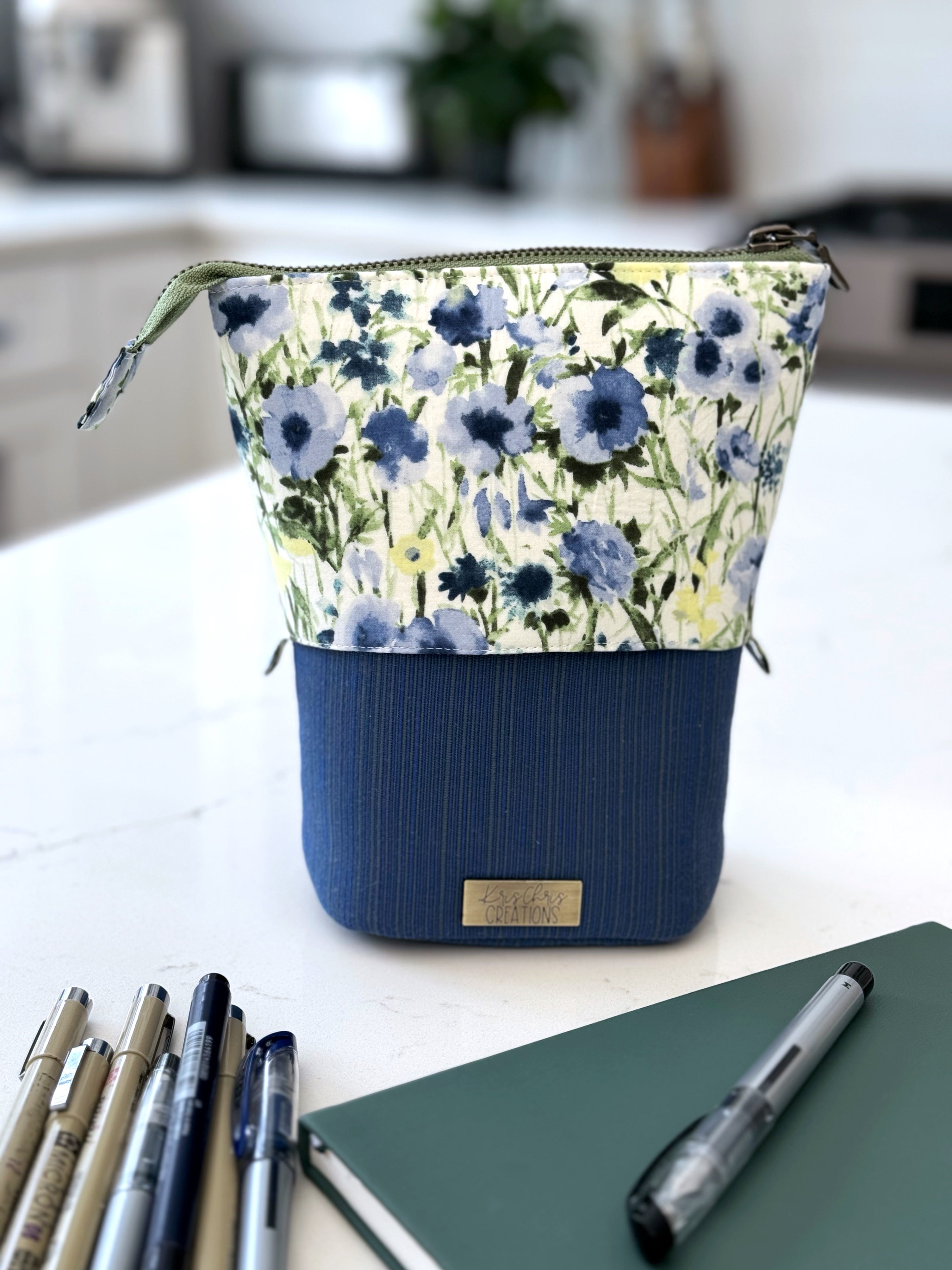 The Kate - Zipper Art Supply Pouch in Blue and Green Florals - KrisChris
