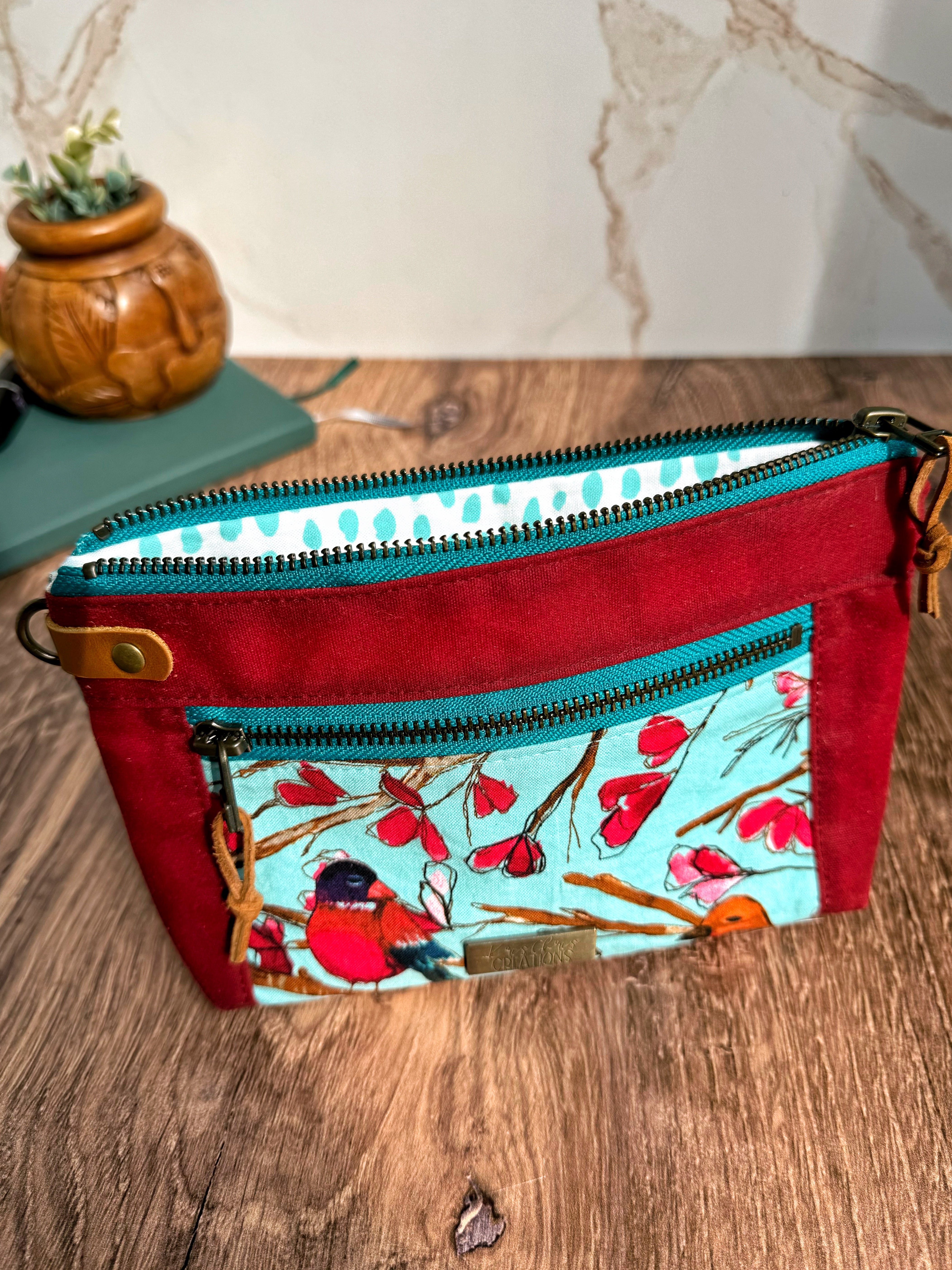 The Erin - Double Zippered Pouch in Red Waxed Canvas and Teal Fabric Featuring Birds - KrisChris