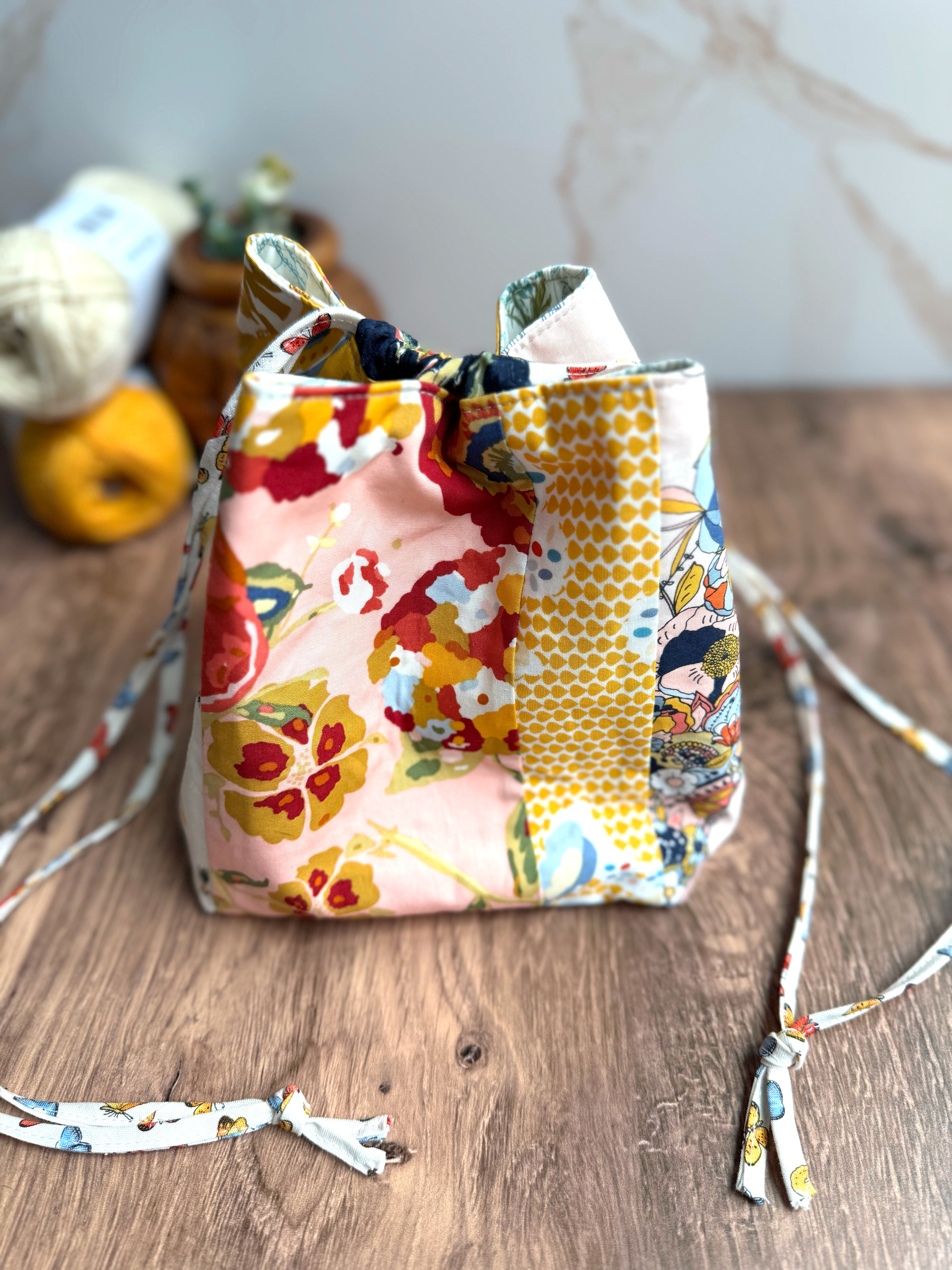 The Pat Pouch - Japanese Drawstring Bag in Artisan Patchwork Style Floral Cottons - KrisChris