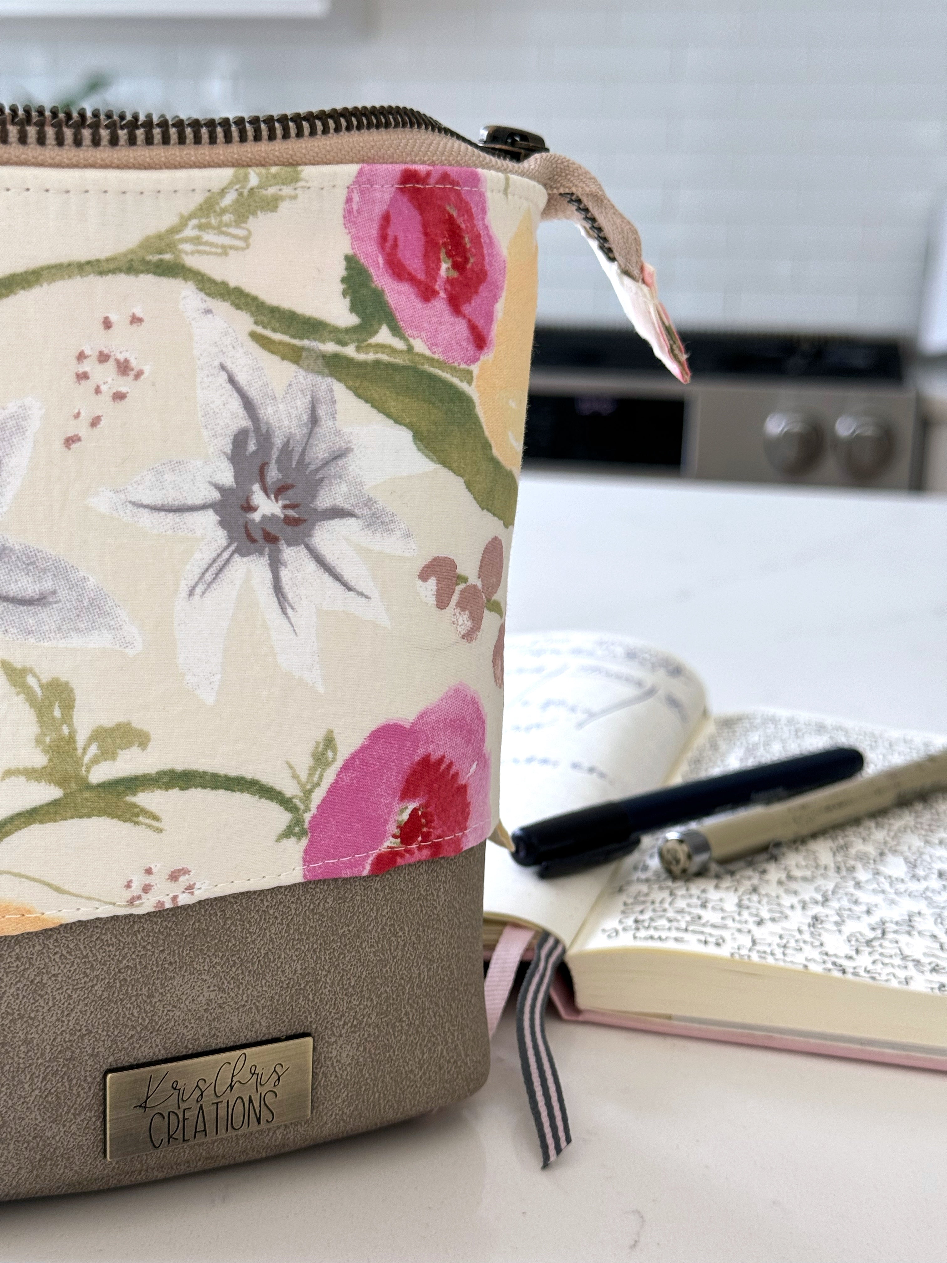 The Kate - Zipper Art Supply Pouch in Beige Vegan Leather and Japanese Watercolor Florals - KrisChris