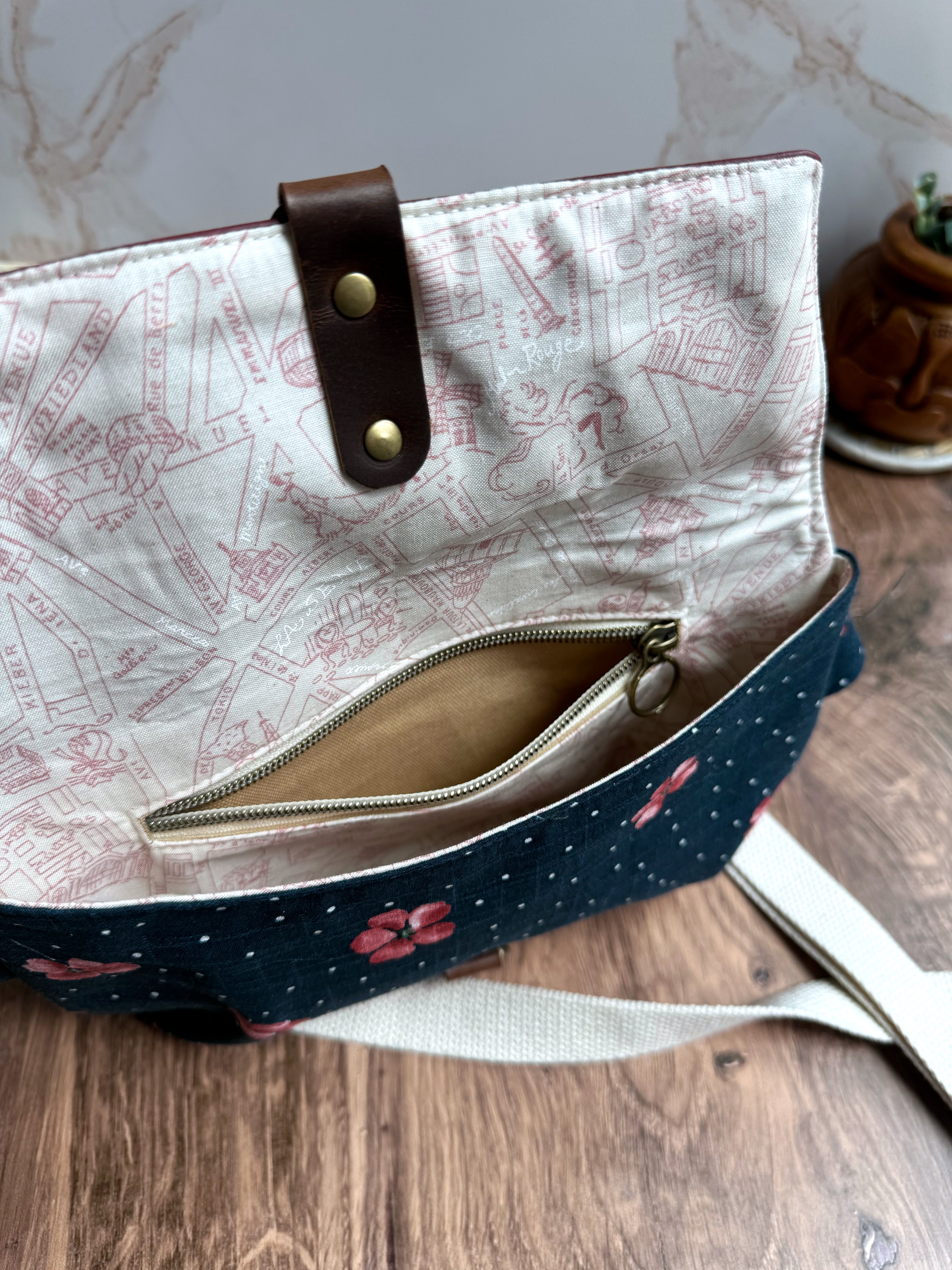 The Jenn - Adjustable Crossbody Belt Bag in Vegan Leather and Navy Dotted Nasturtium Fabric - KrisChris