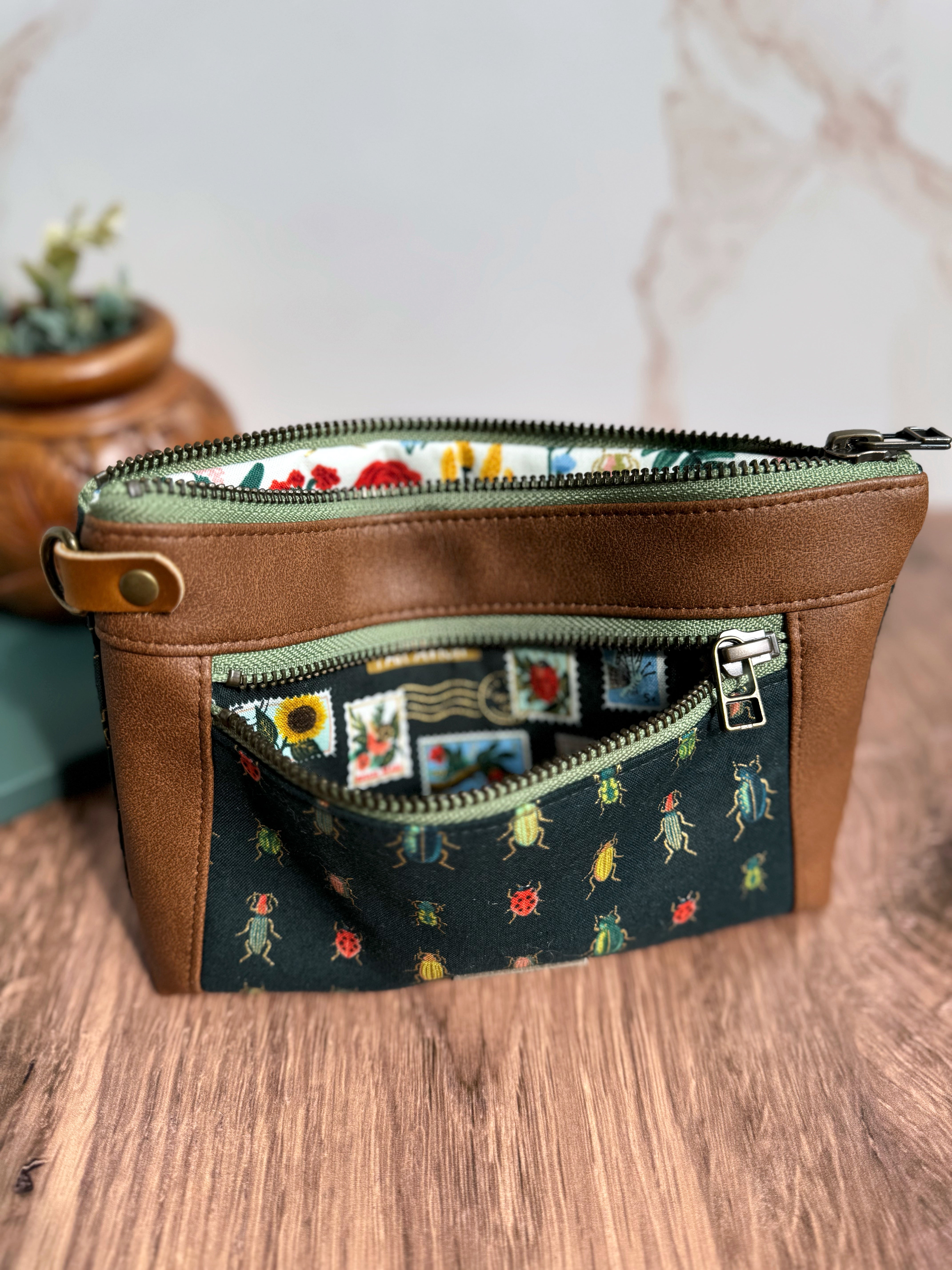 The Erin - Double Zippered Pouch in Tan Vegan Leather and Green Bug Fabric - KrisChris