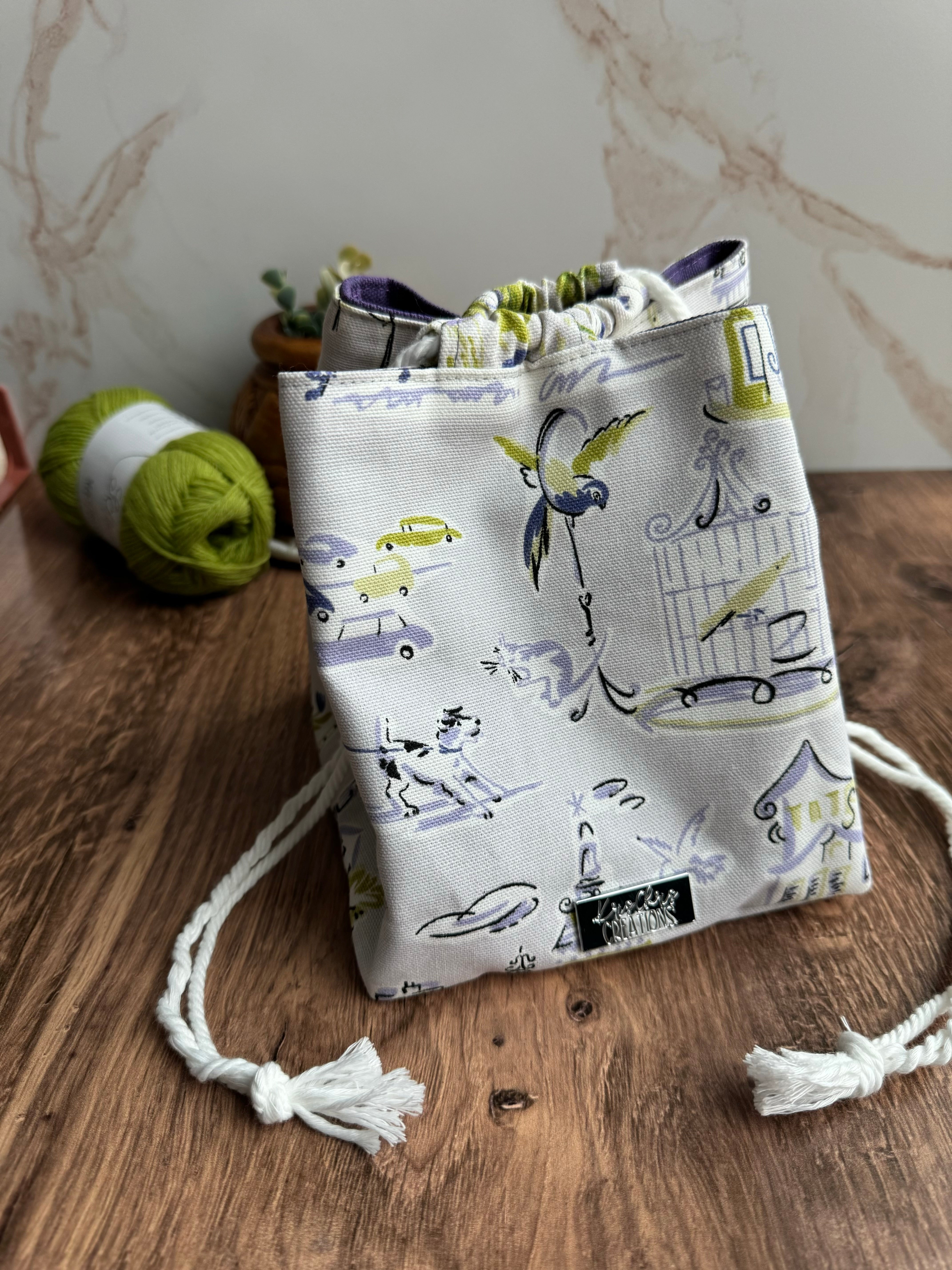 The Pat Pouch - Japanese Drawstring Bag in Purple and Green Parisian Canvas - KrisChris