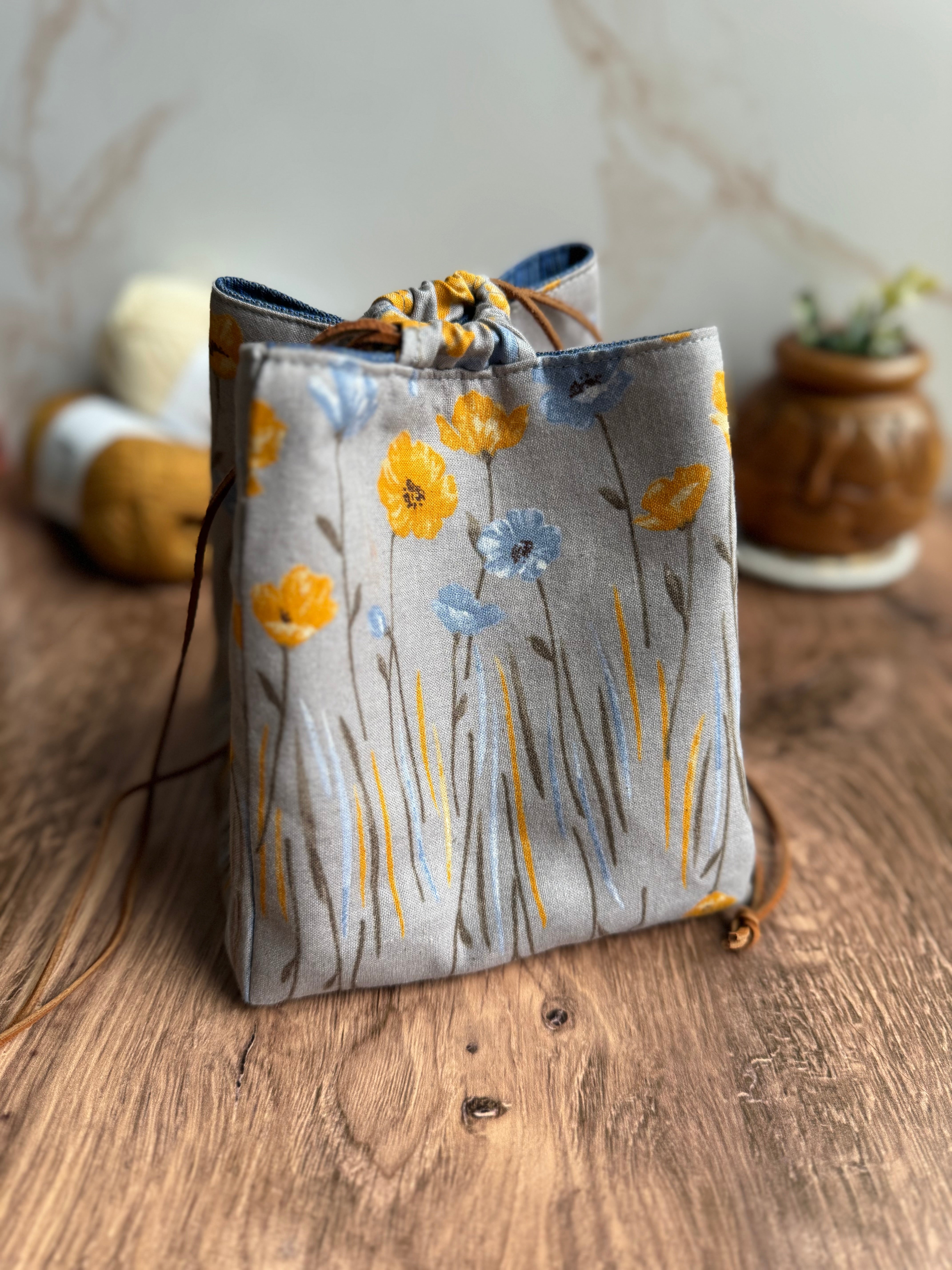 The Pat Pouch - Drawstring Bag in Japanese Linen - Blue and Yellow Poppies - KrisChris