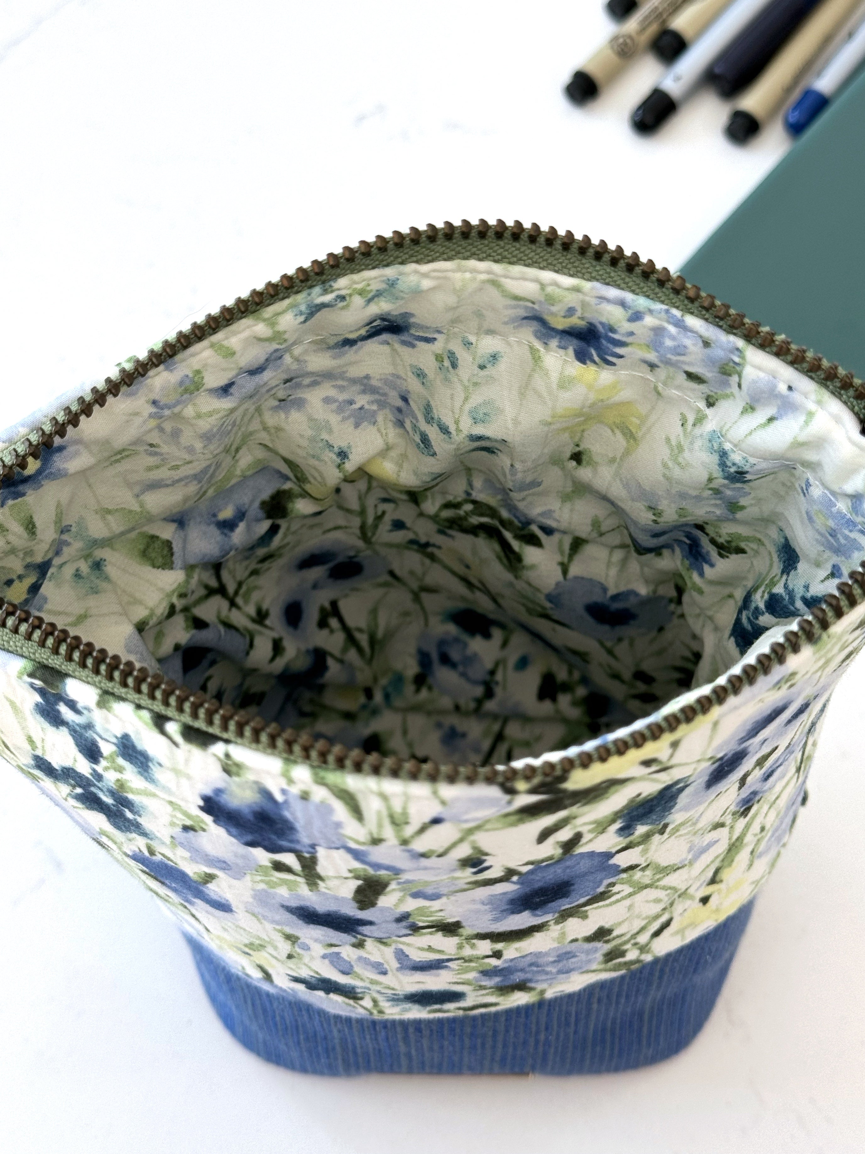 The Kate - Zipper Art Supply Pouch in Blue and Green Florals - KrisChris