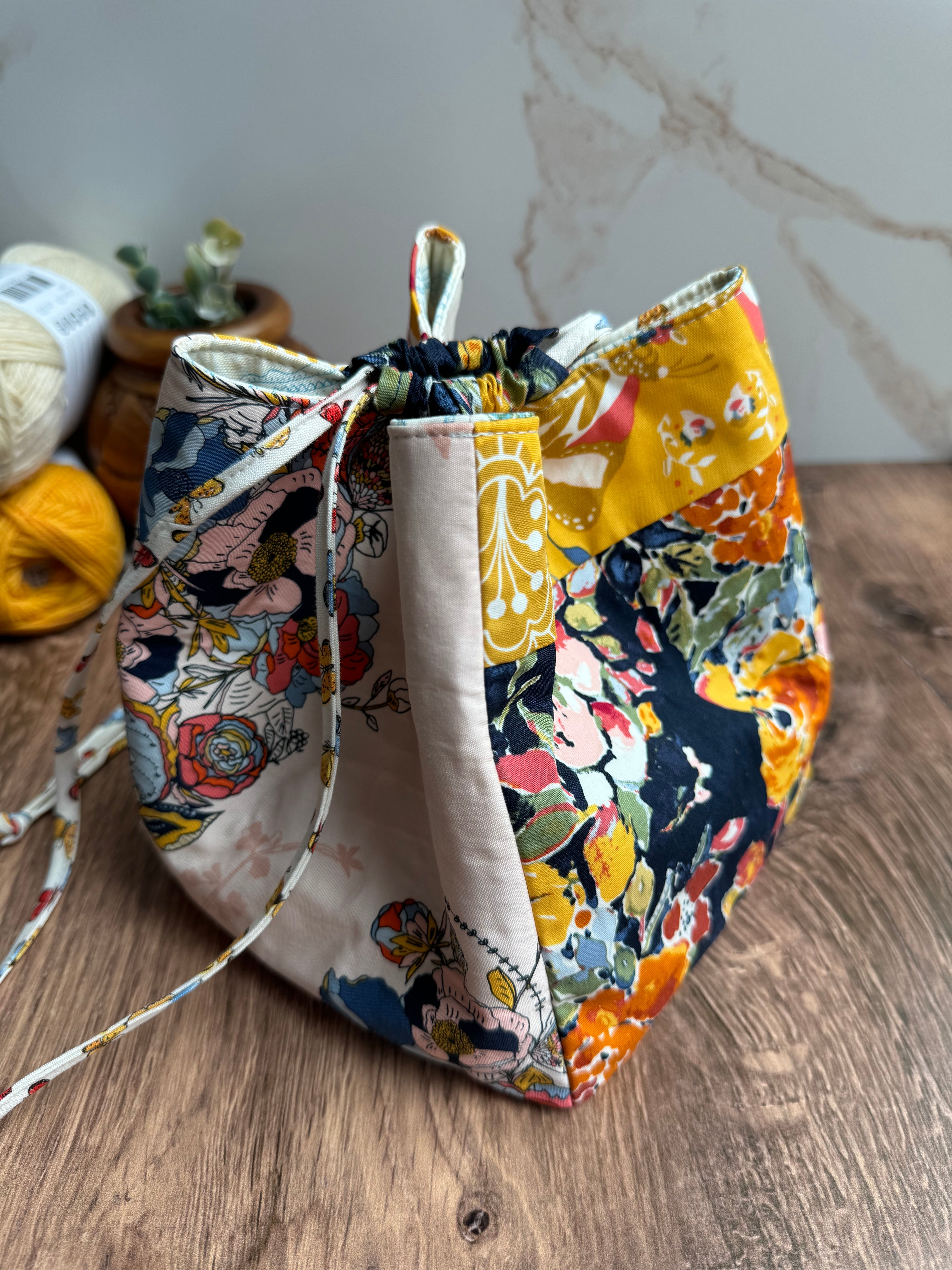 The Pat Pouch - Japanese Drawstring Bag in Artisan Patchwork Style Floral Cottons - KrisChris