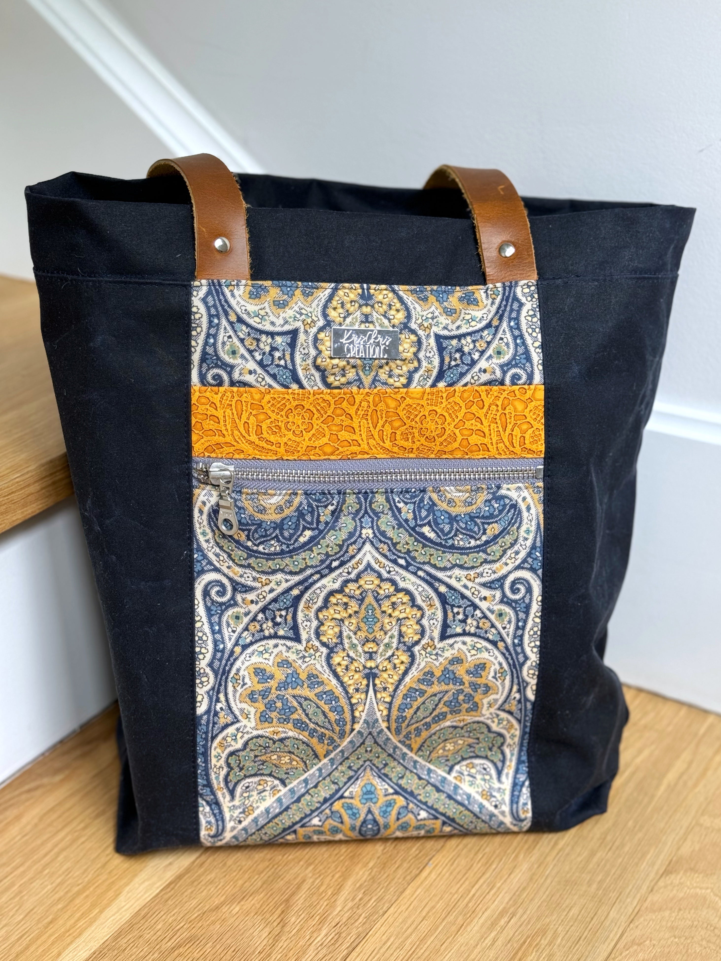 The Kristen - Project Tote Bag in Navy Waxed Canvas Paisley Sunbrella Fabric - KrisChris