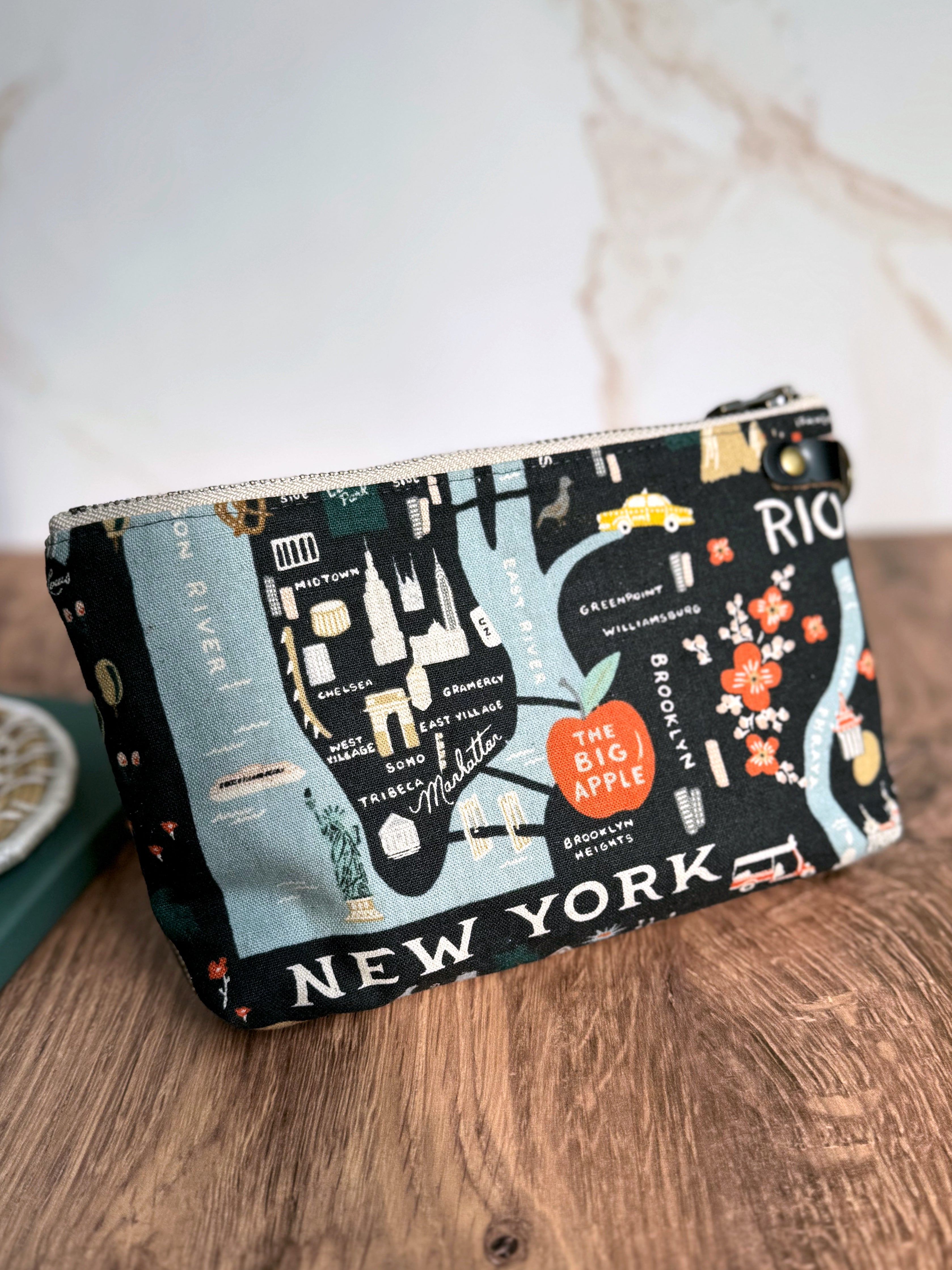 The Erin - Double Zippered Pouch in Red Lace Vinyl and Map Fabric for a Travel Lover - KrisChris
