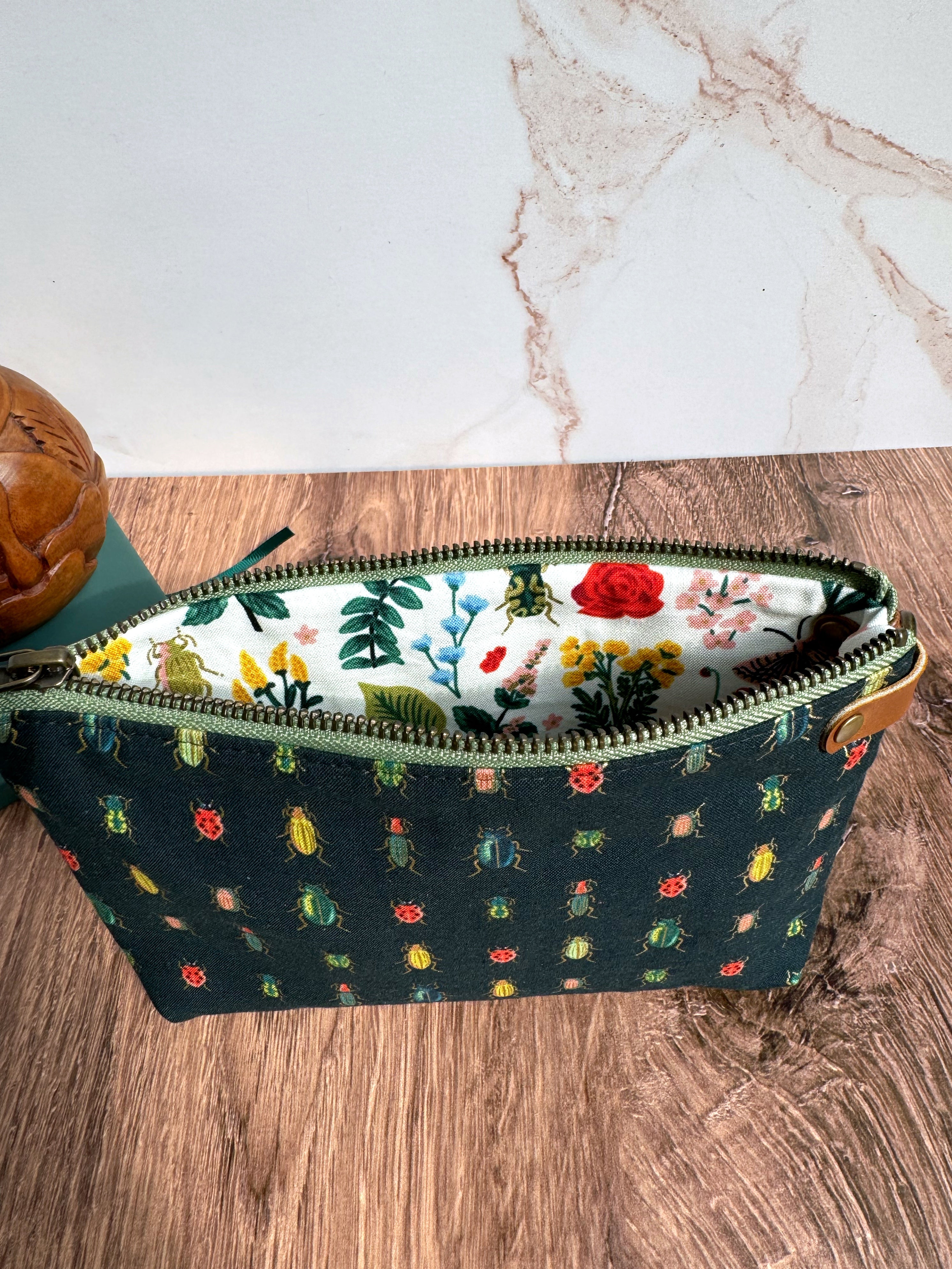 The Erin - Double Zippered Pouch in Tan Vegan Leather and Green Bug Fabric - KrisChris
