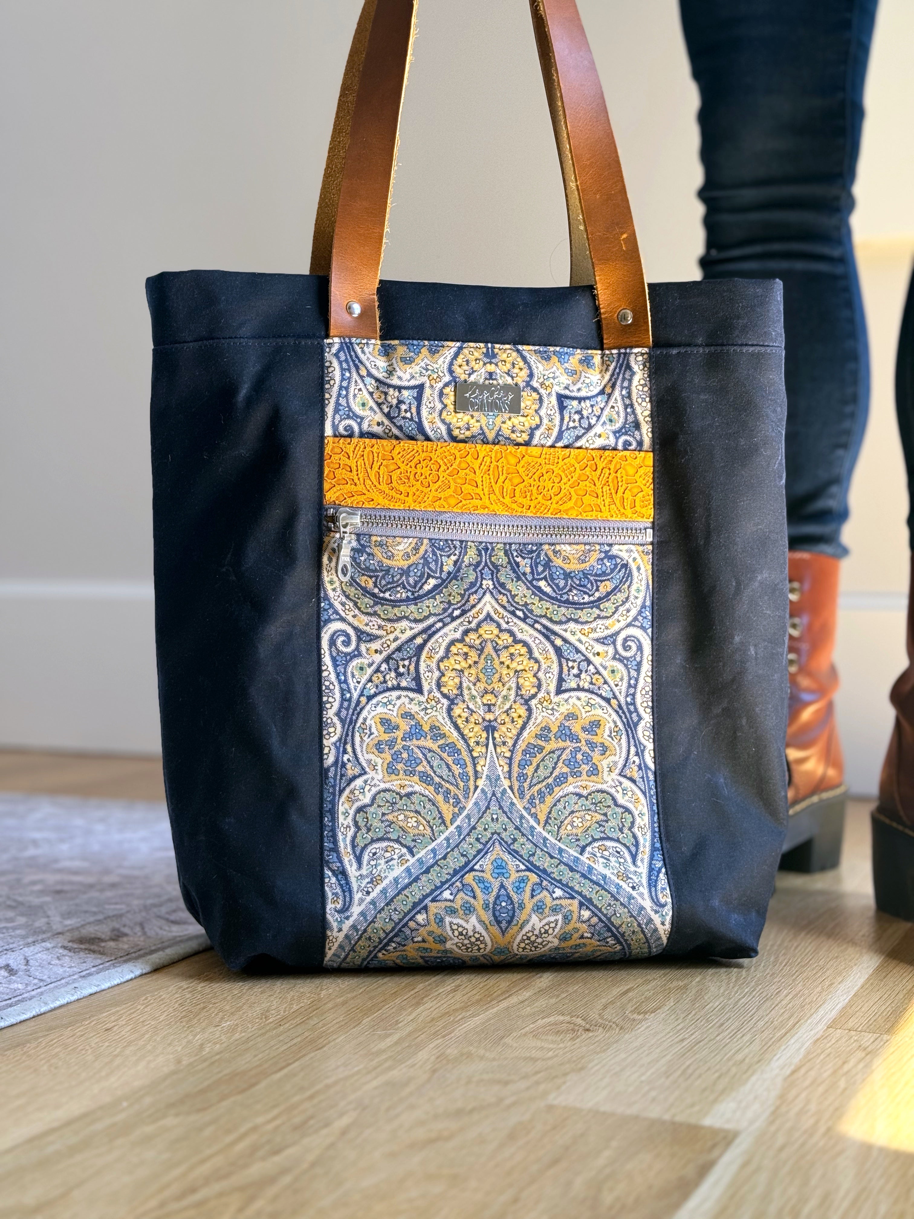 The Kristen - Project Tote Bag in Navy Waxed Canvas Paisley Sunbrella Fabric - KrisChris