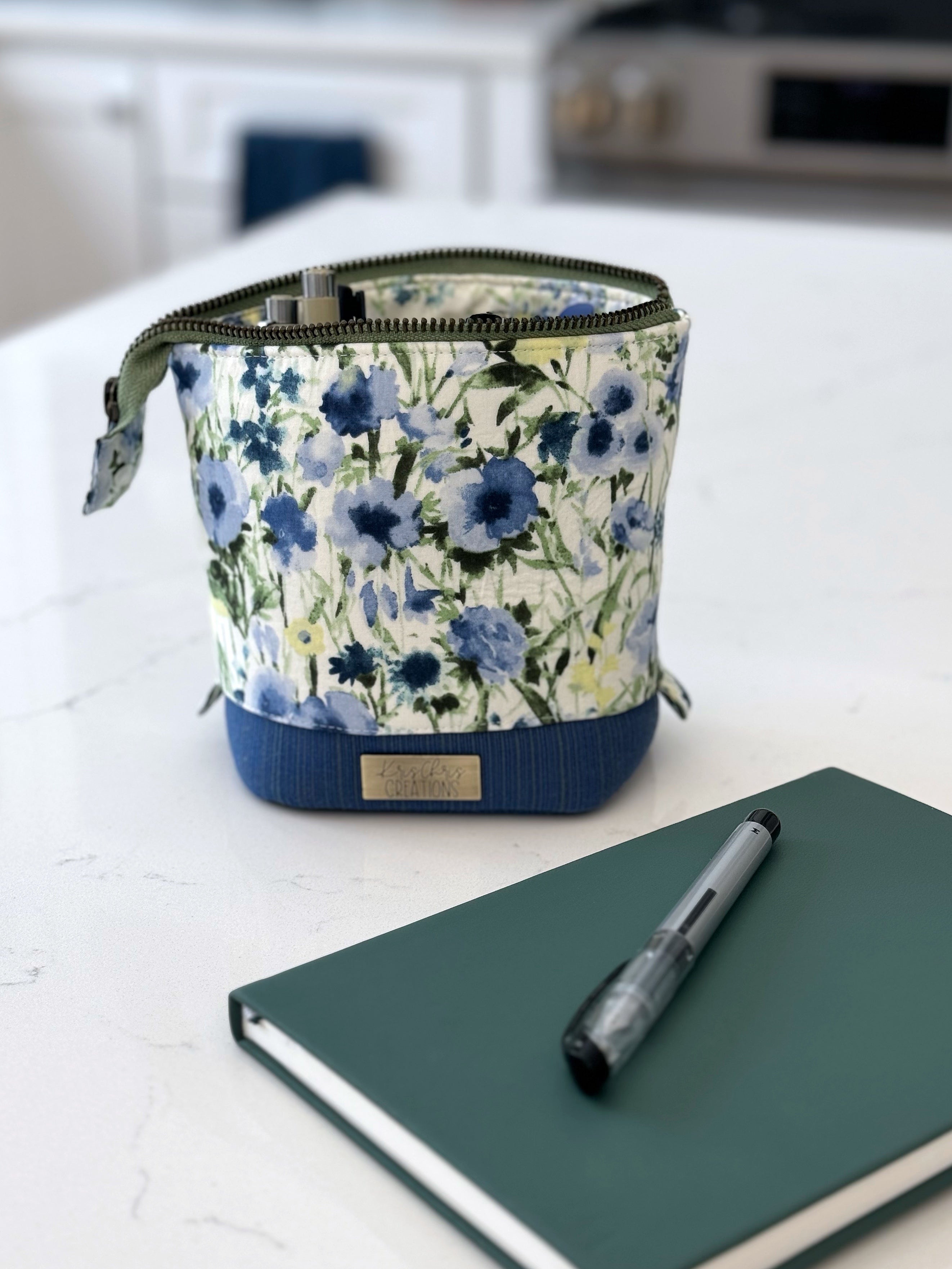 The Kate - Zipper Art Supply Pouch in Blue and Green Florals - KrisChris