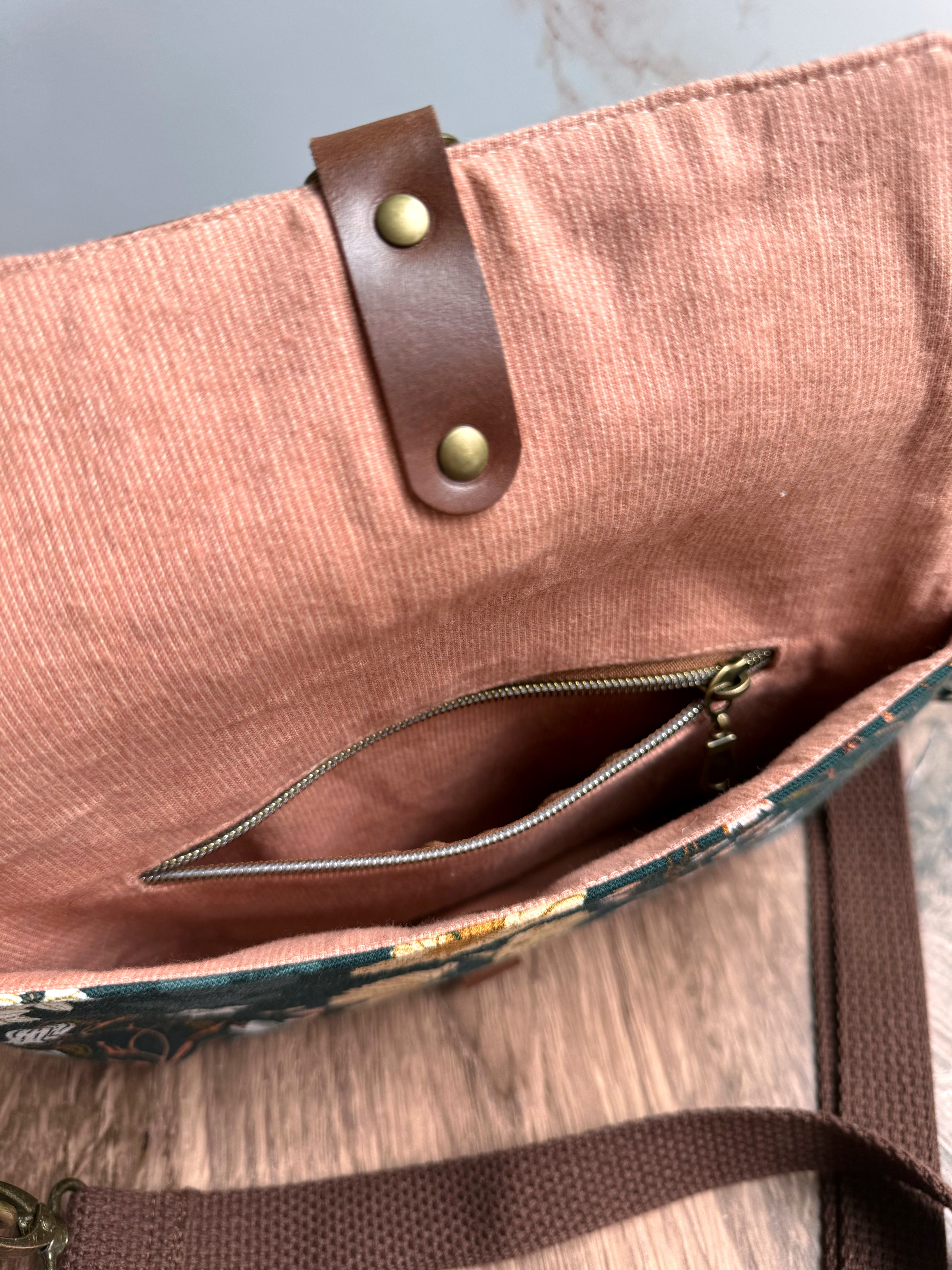 The Jenn - Adjustable Crossbody Belt Bag in Tan Vegan Leather and Green Florals - KrisChris
