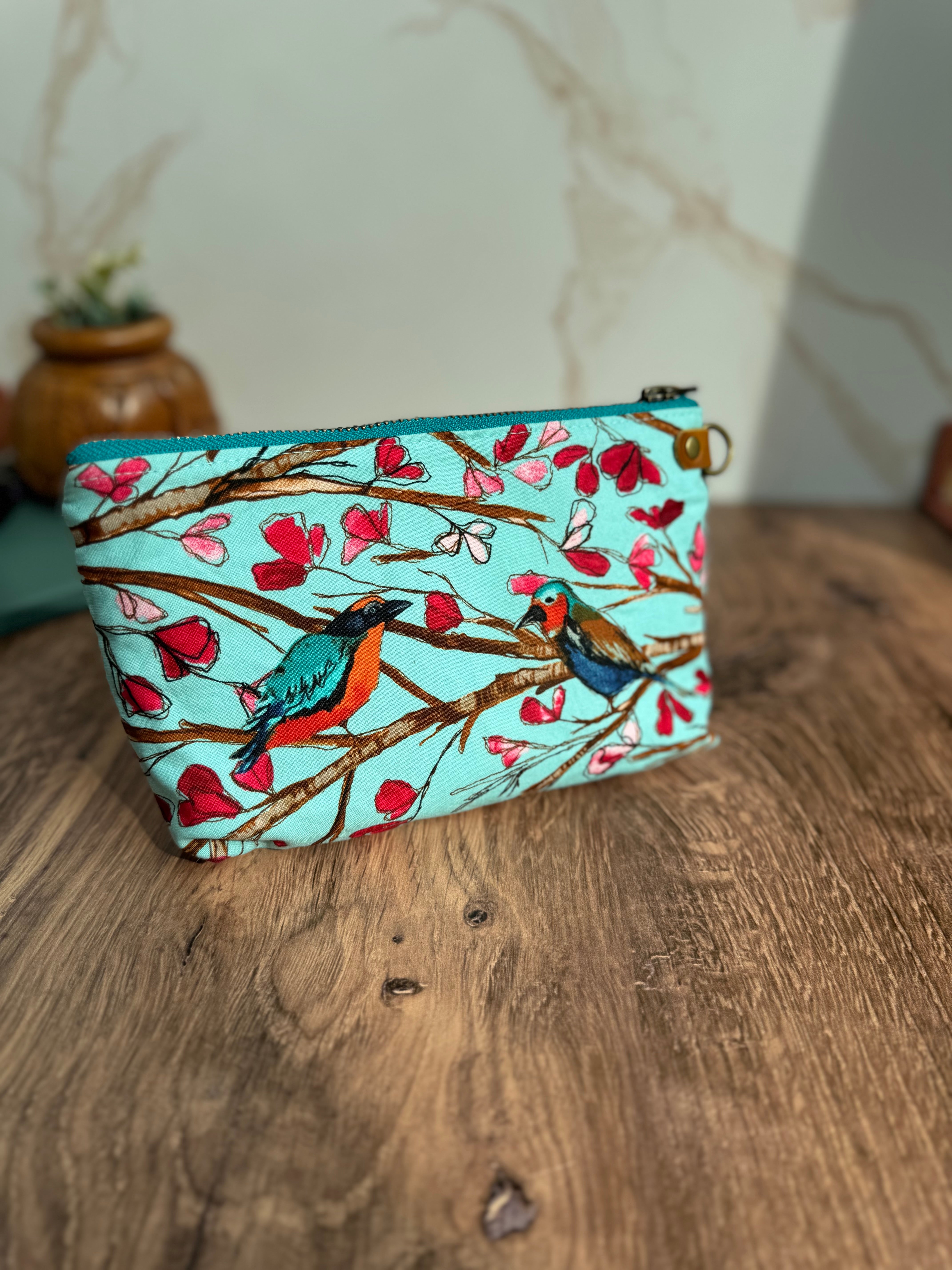 The Erin - Double Zippered Pouch in Red Waxed Canvas and Teal Fabric Featuring Birds - KrisChris