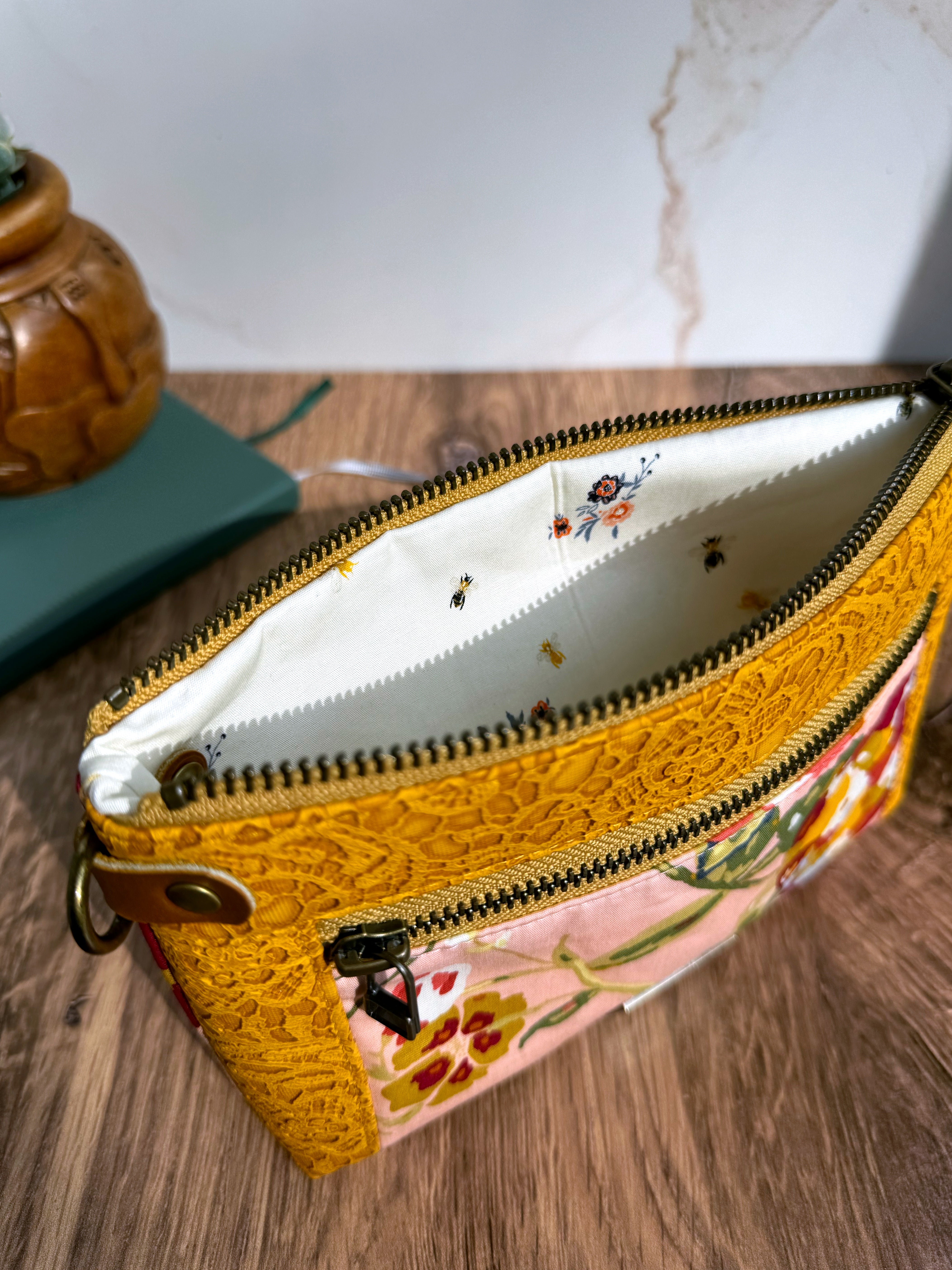 The Erin - Double Zippered Pouch in Yellow Lace Vinyl and Pink and Red Floral Cotton - KrisChris