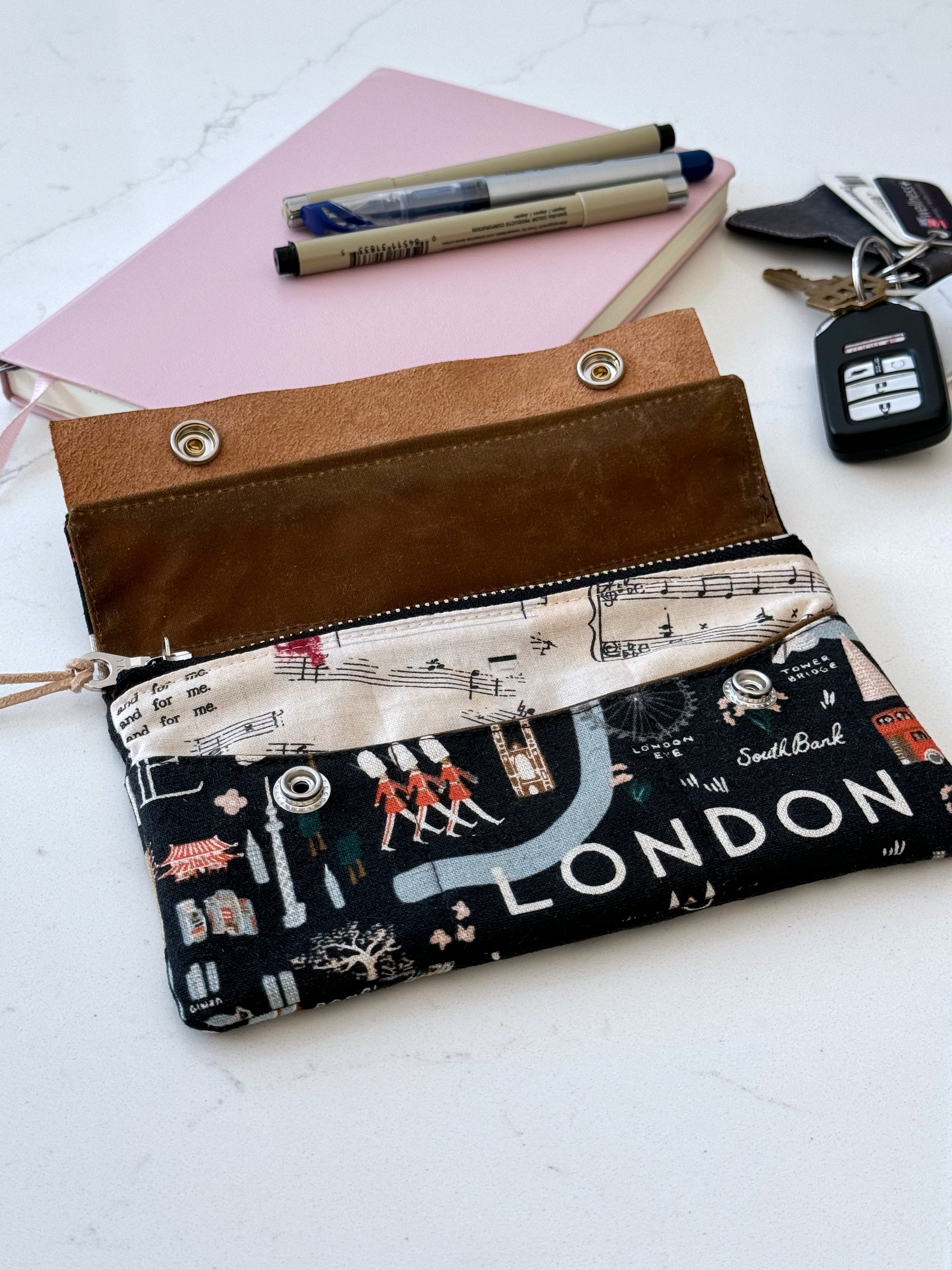 The Janet - Full Size Wallet in Black Canvas Travel Theme - London and New York - KrisChris