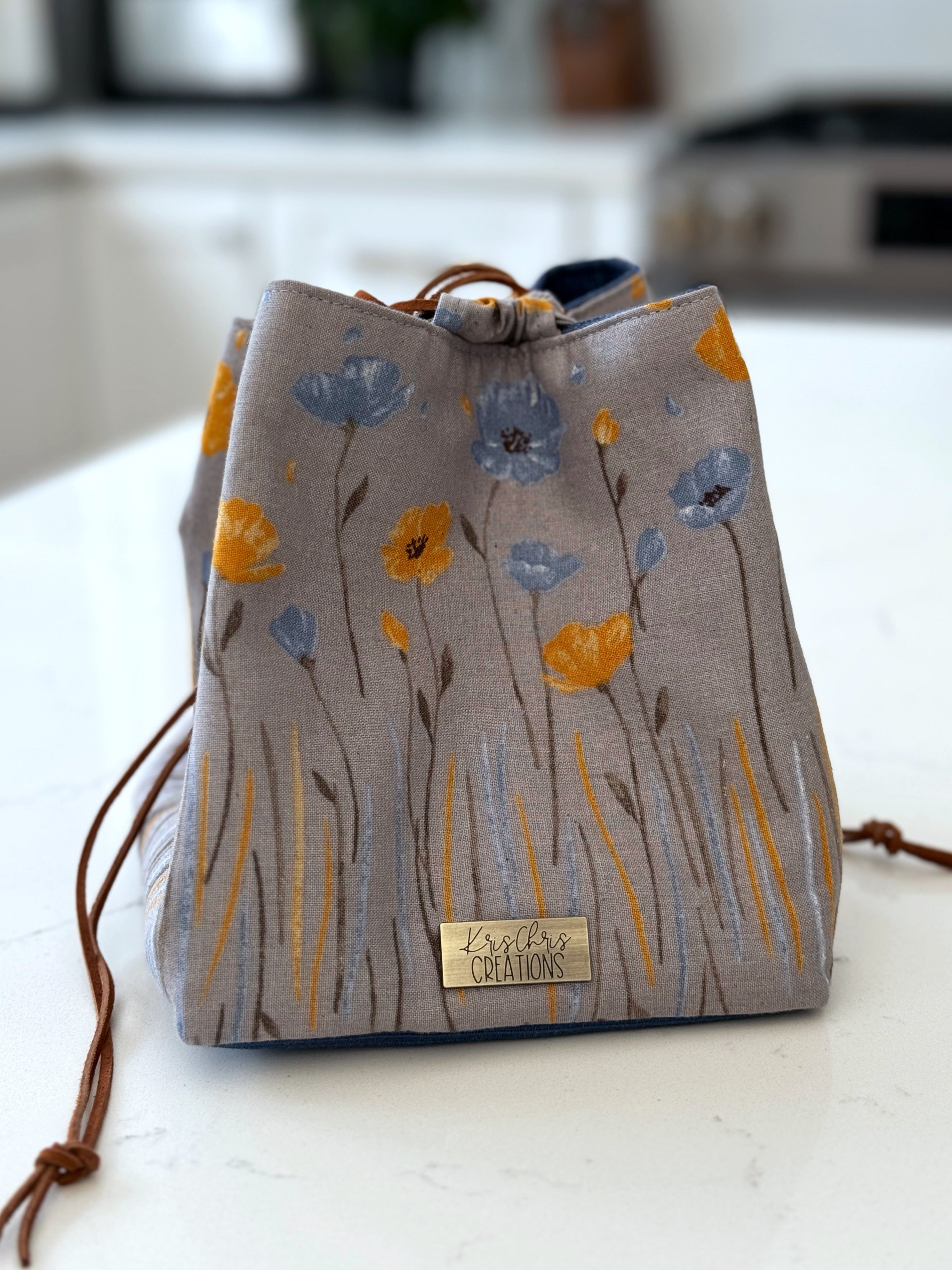 The Pat Pouch - Drawstring Bag in Japanese Linen - Blue and Yellow Poppies - KrisChris