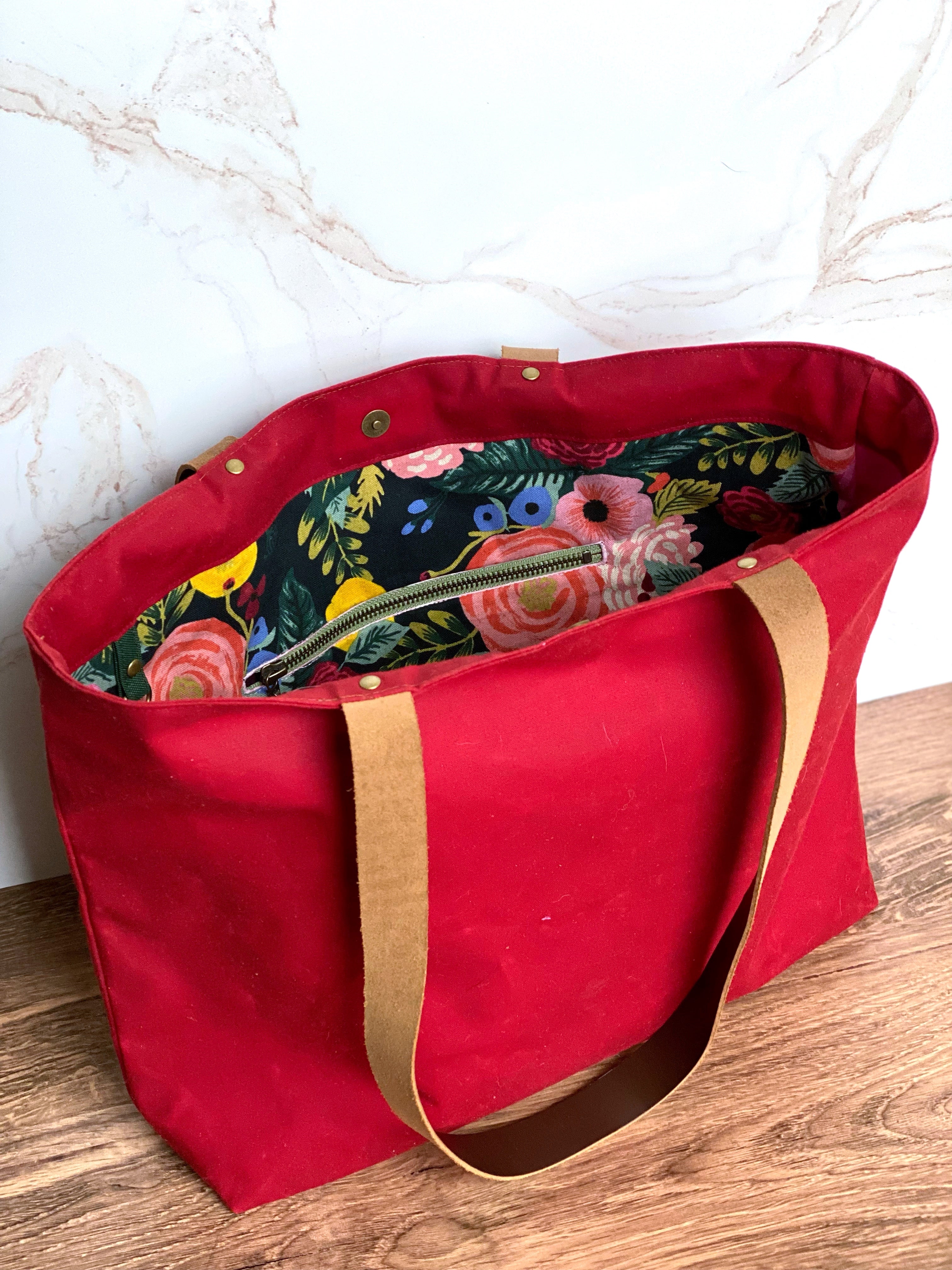The Jody - Everyday Tote Bag in Red Canvas with Colorful Floral Lining - KrisChris