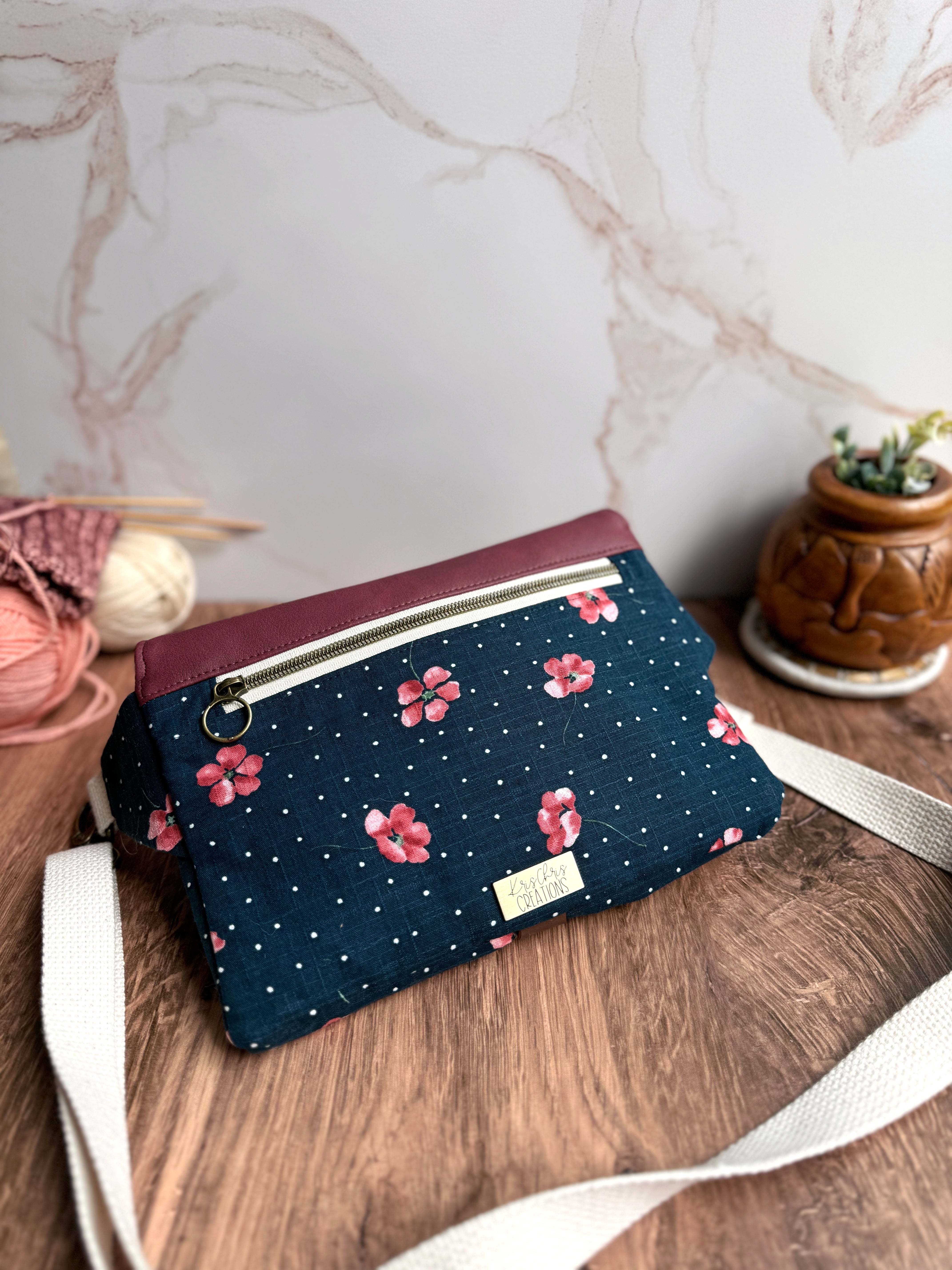 The Jenn - Adjustable Crossbody Belt Bag in Vegan Leather and Navy Dotted Nasturtium Fabric - KrisChris
