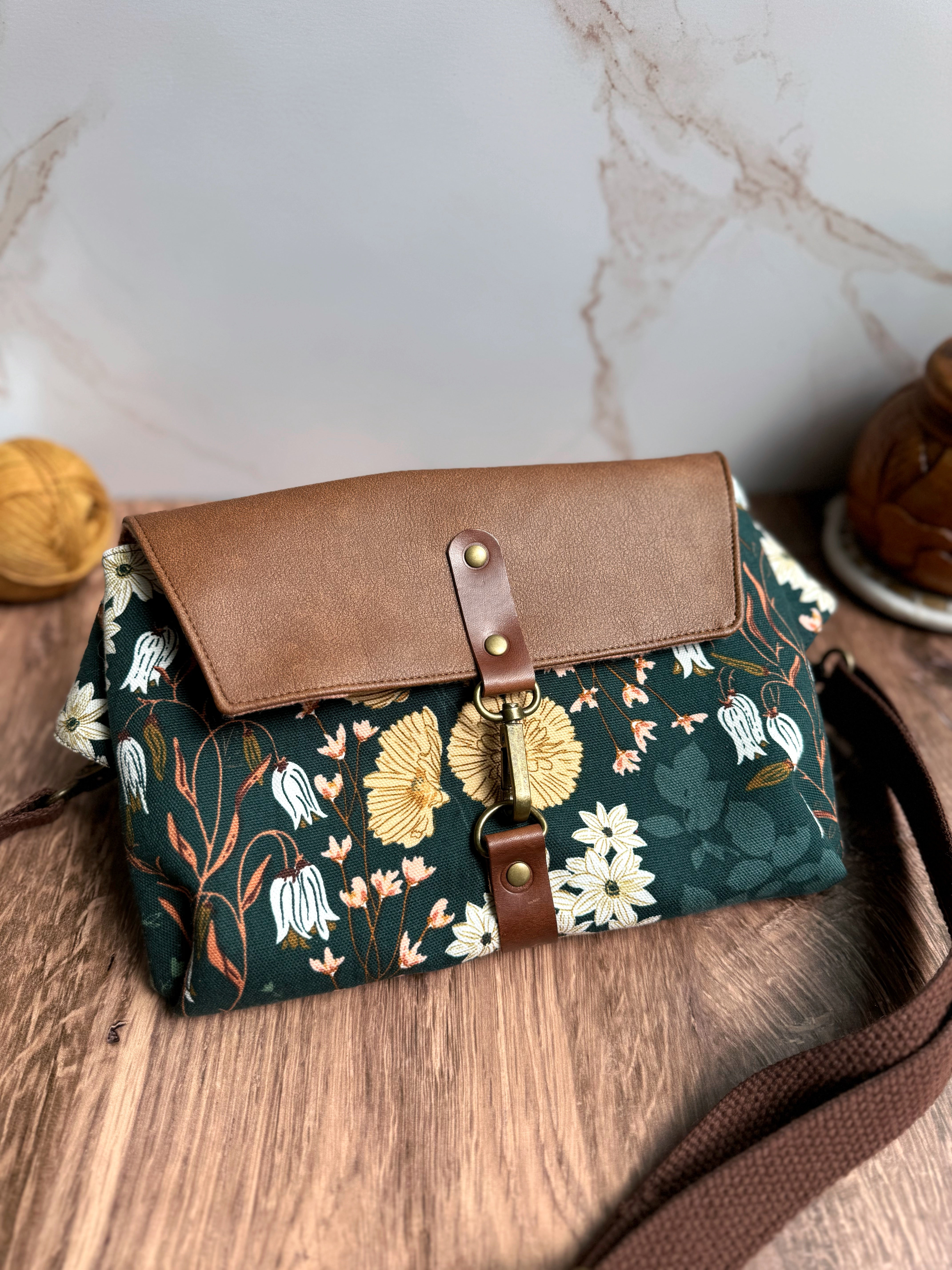 The Jenn - Adjustable Crossbody Belt Bag in Tan Vegan Leather and Green Florals - KrisChris