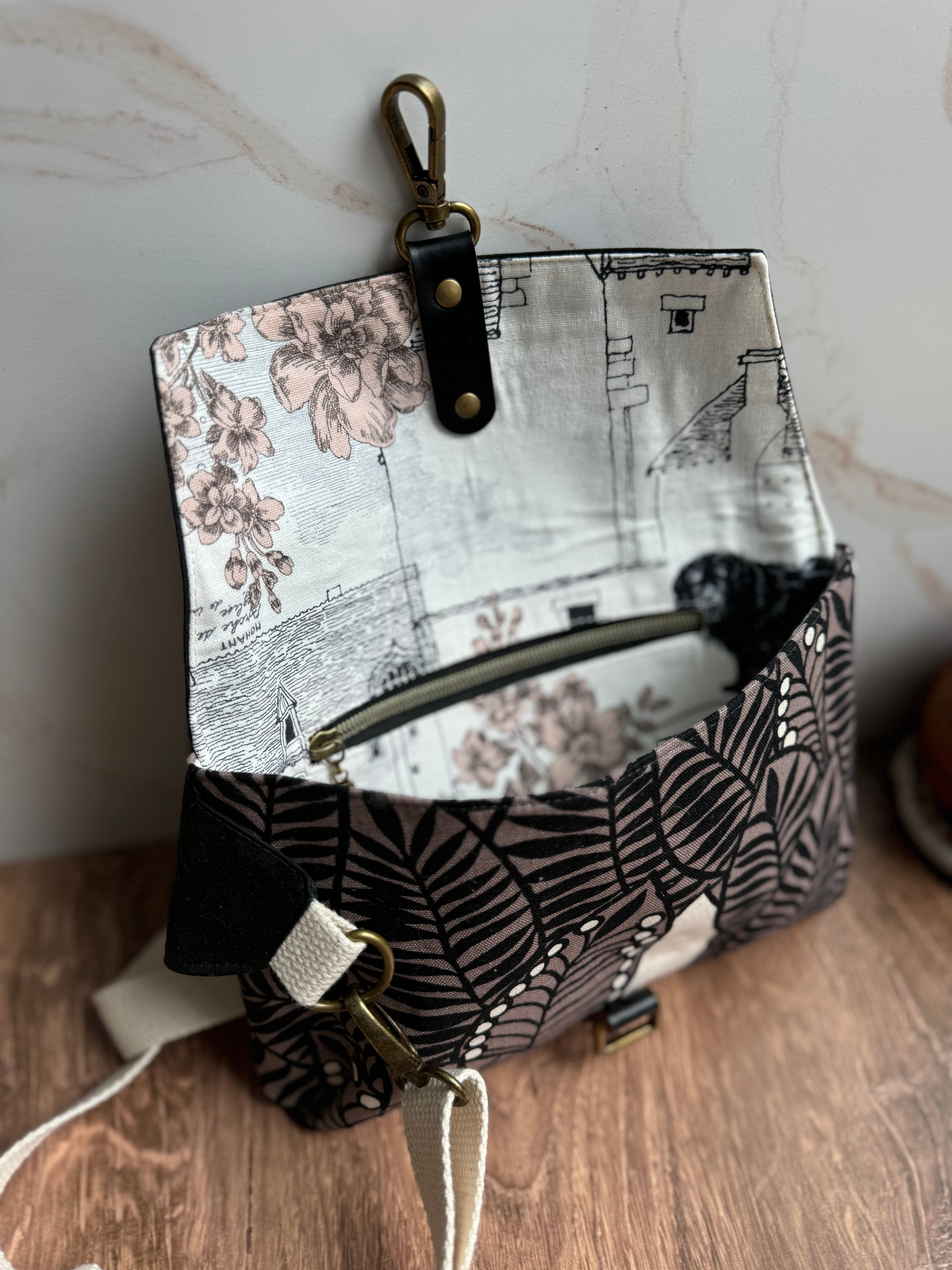 The Jenn - Adjustable Crossbody Belt Bag in Black and Brown Florals - KrisChris