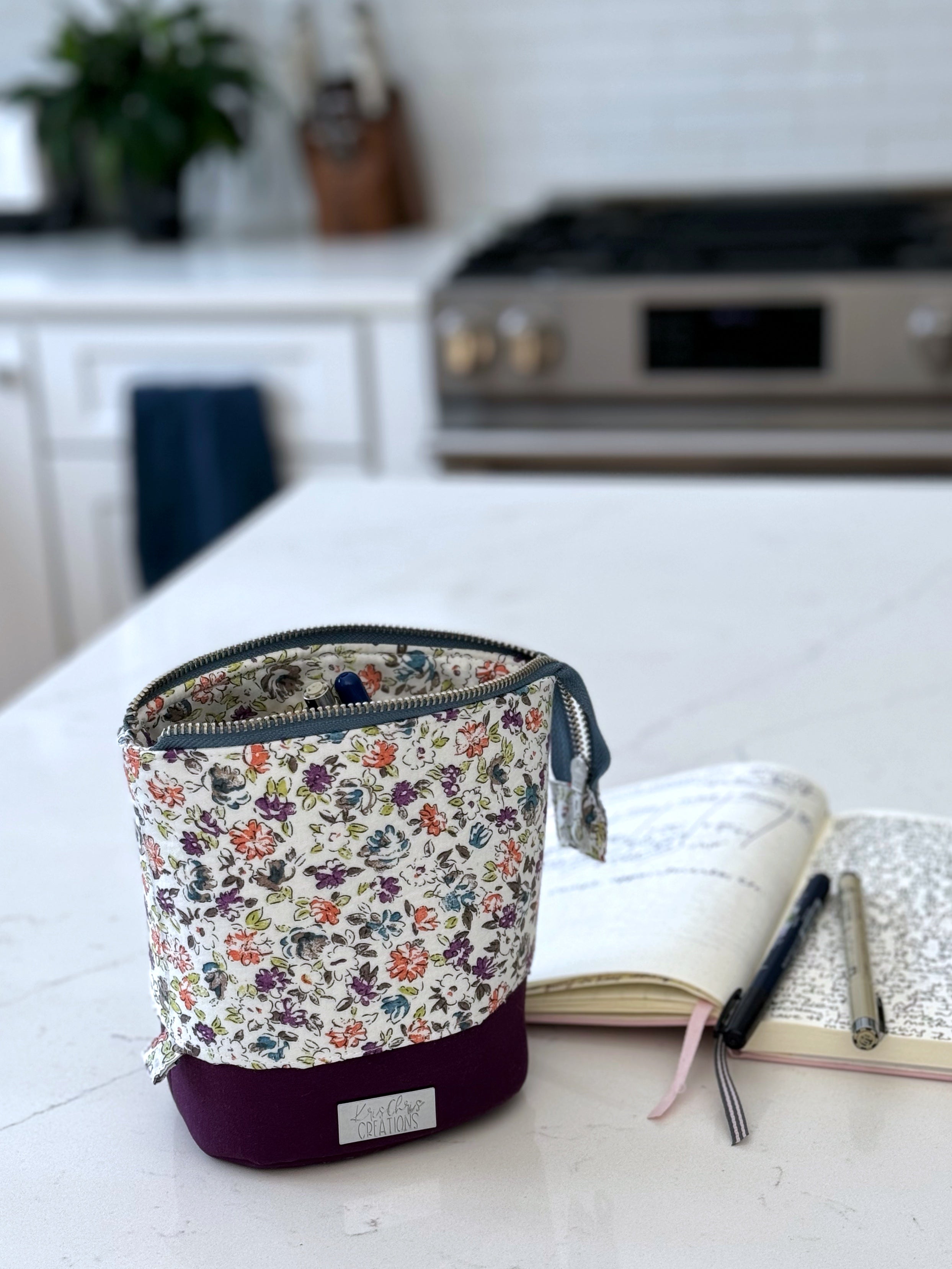 The Kate - Zipper Art Supply Pouch in Purple and White Florals - KrisChris