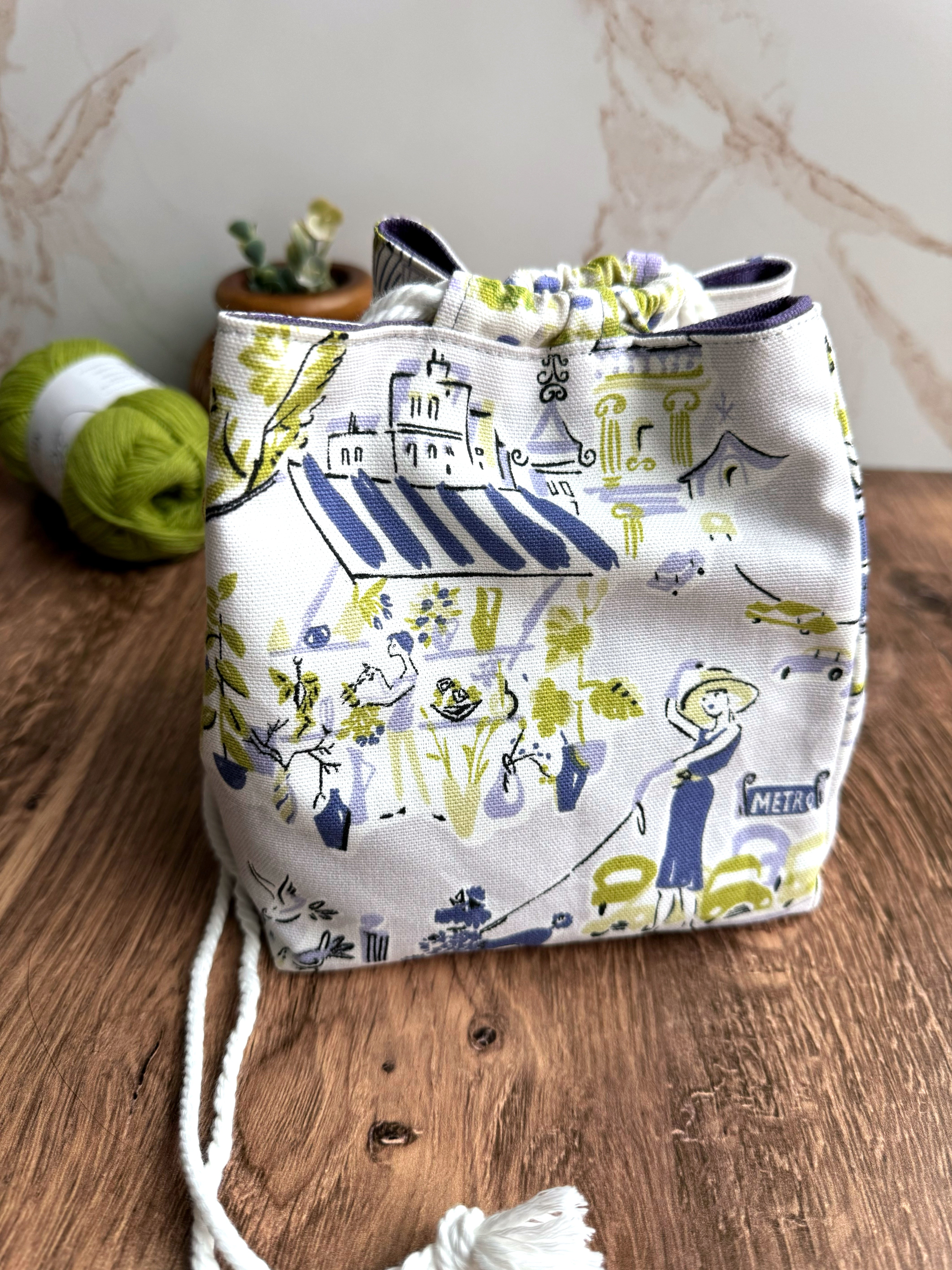 The Pat Pouch - Japanese Drawstring Bag in Purple and Green Parisian Canvas - KrisChris