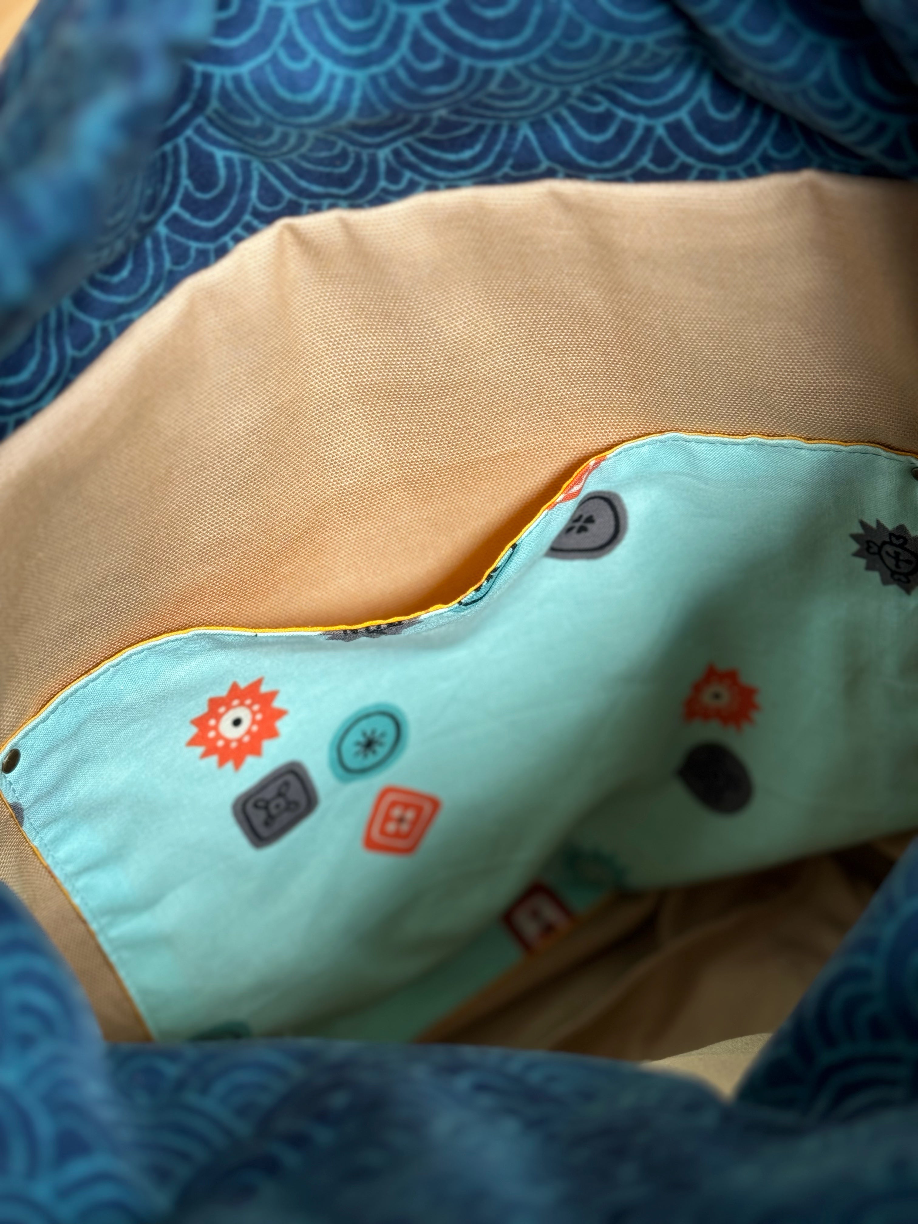 The Kristen - Project Tote Bag in Navy Waxed Canvas and Colorful Floral Fabric - KrisChris