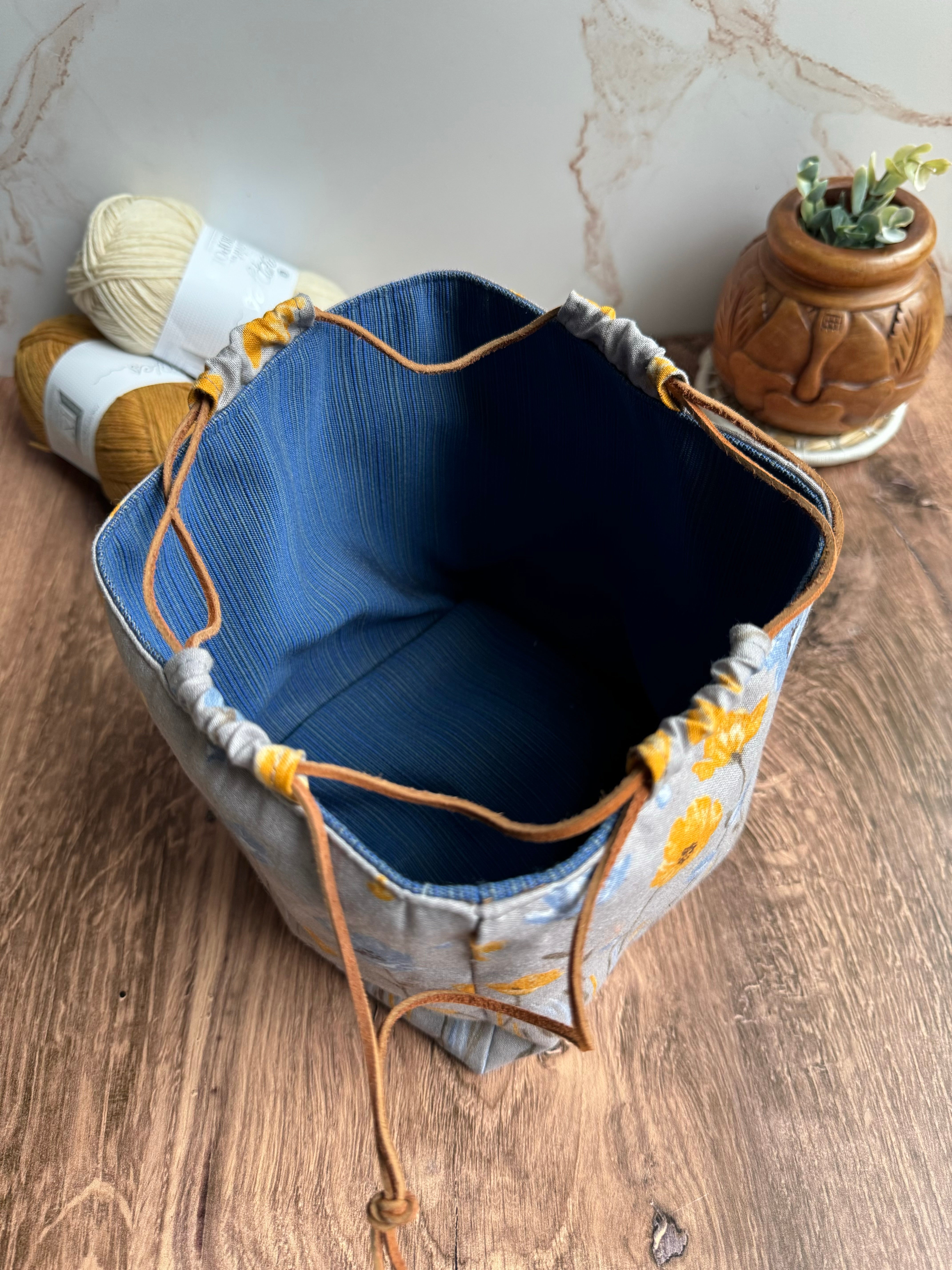 The Pat Pouch - Drawstring Bag in Japanese Linen - Blue and Yellow Poppies - KrisChris