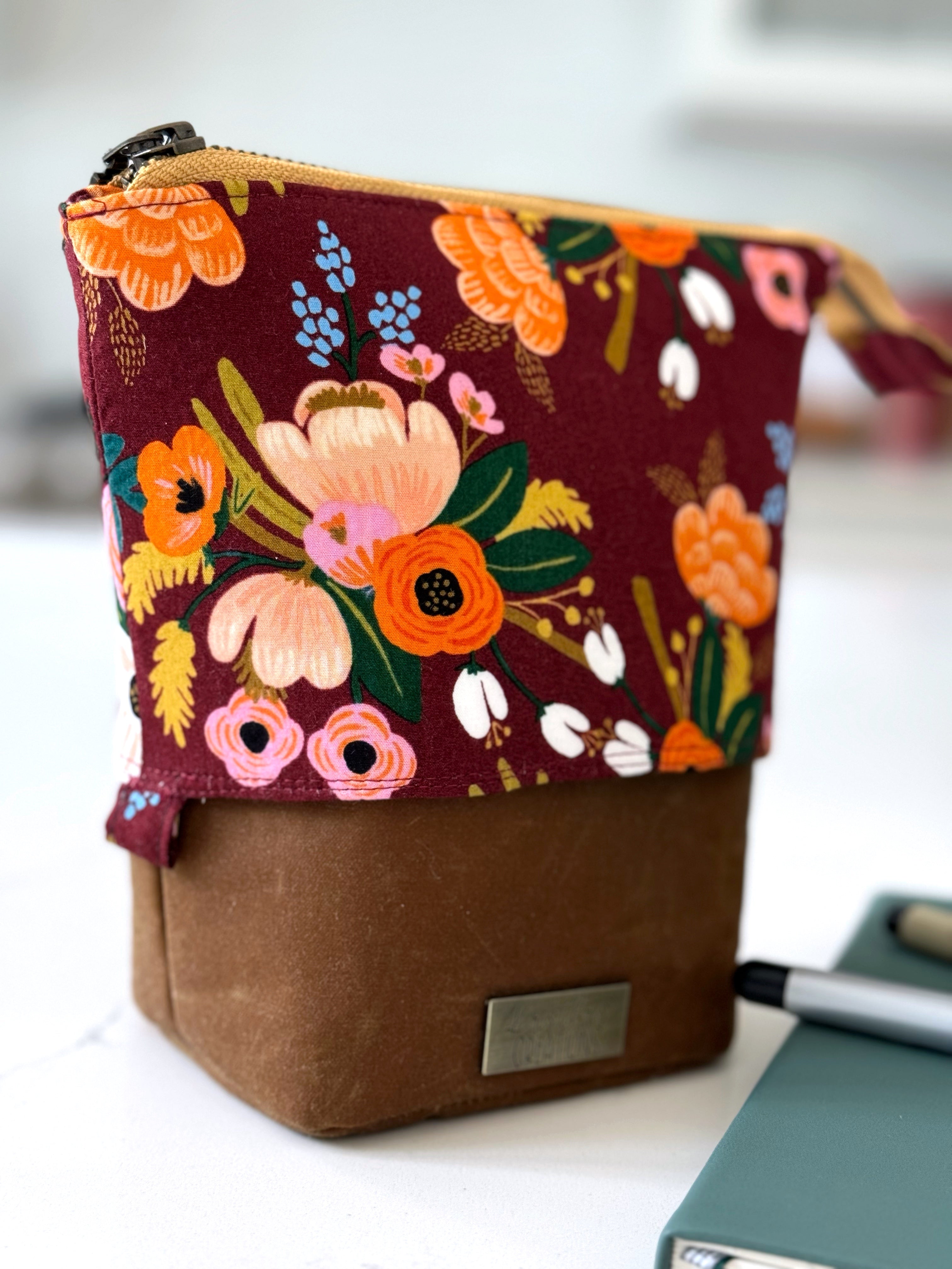 The Kate - Zipper Art Supply Pouch in Dark Warm Florals and Brown Waxed Canvas - KrisChris