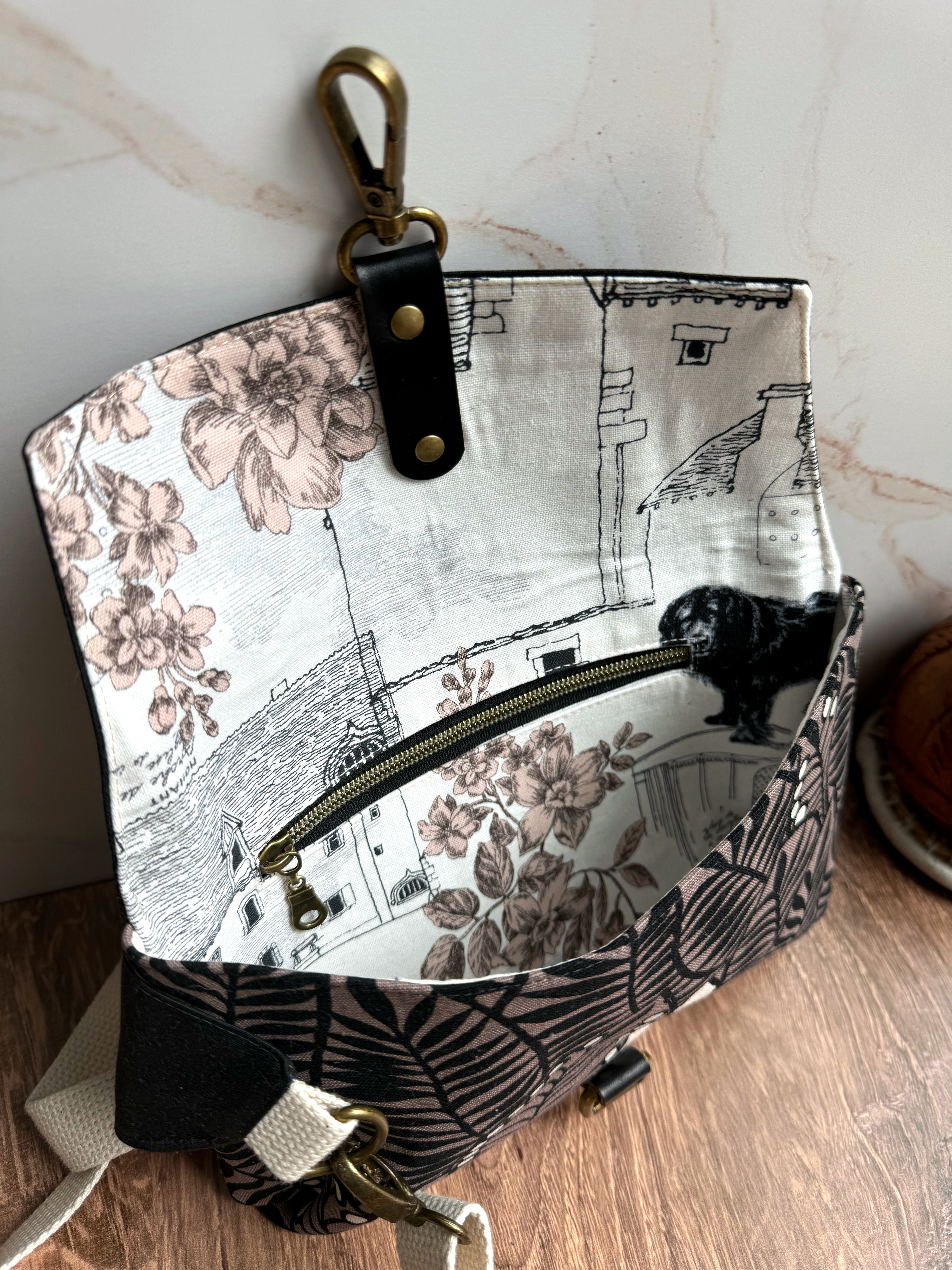 The Jenn - Adjustable Crossbody Belt Bag in Black and Brown Florals - KrisChris