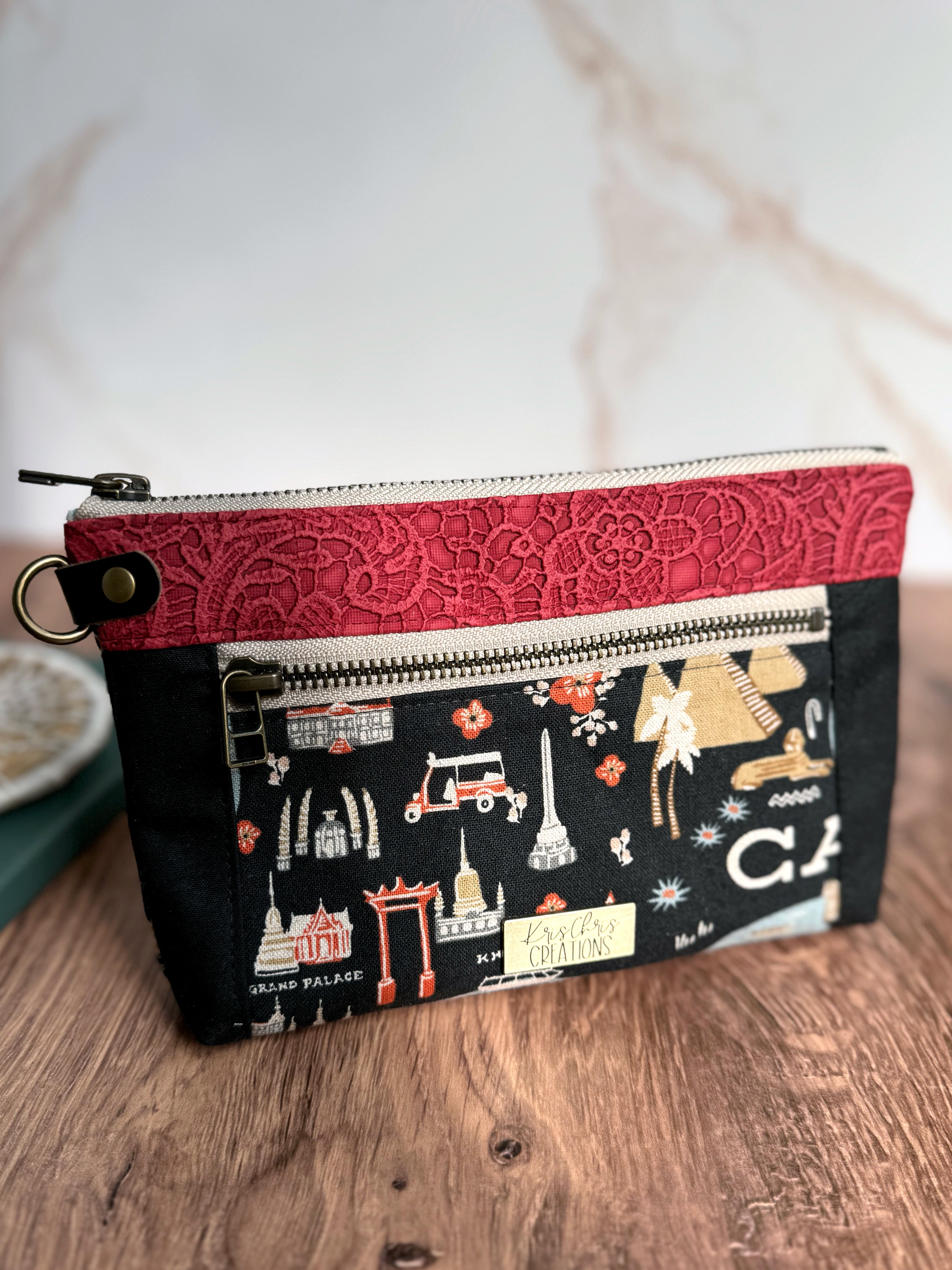 The Erin - Double Zippered Pouch in Red Lace Vinyl and Map Fabric for a Travel Lover - KrisChris