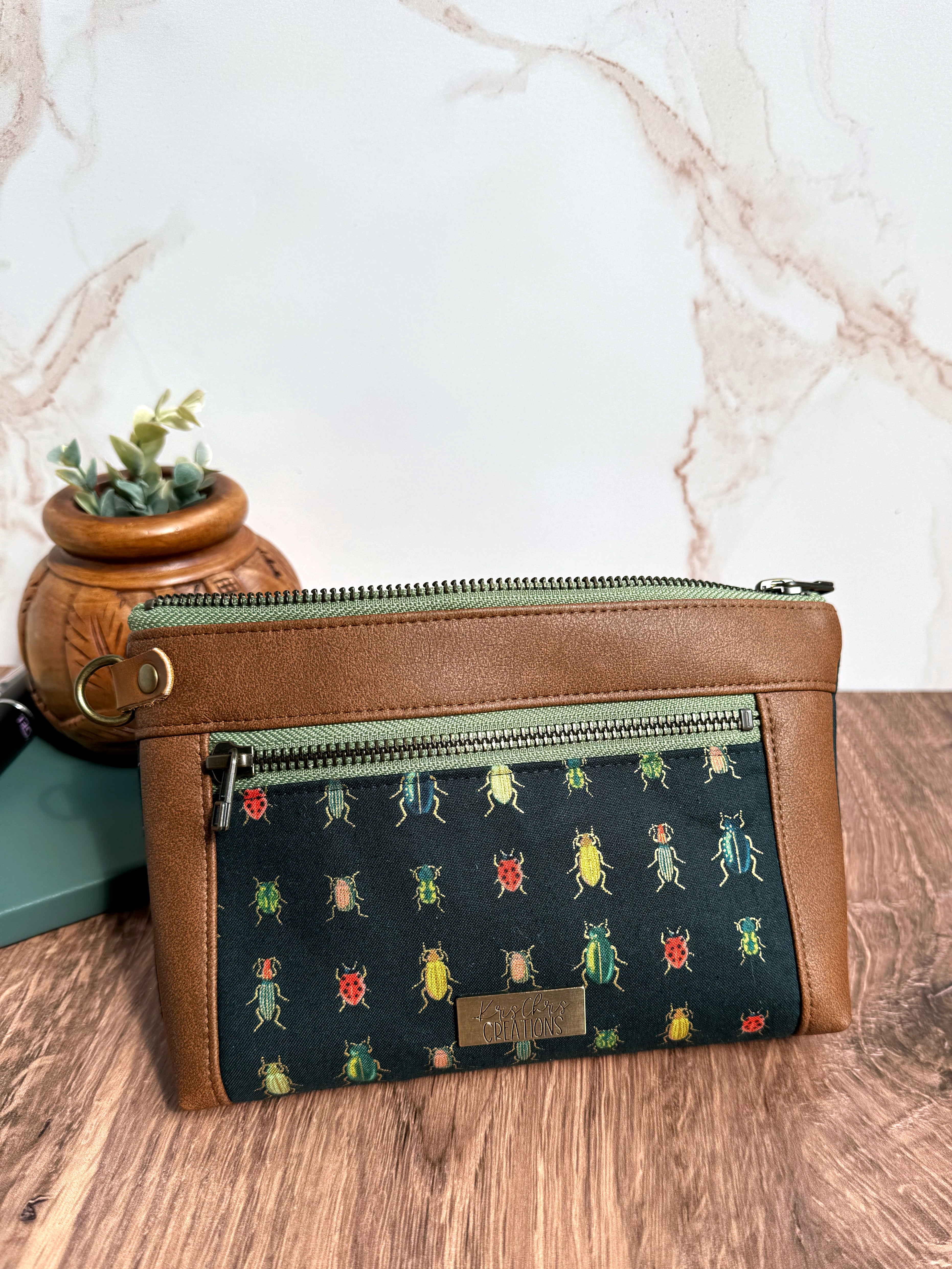The Erin - Double Zippered Pouch in Tan Vegan Leather and Green Bug Fabric - KrisChris