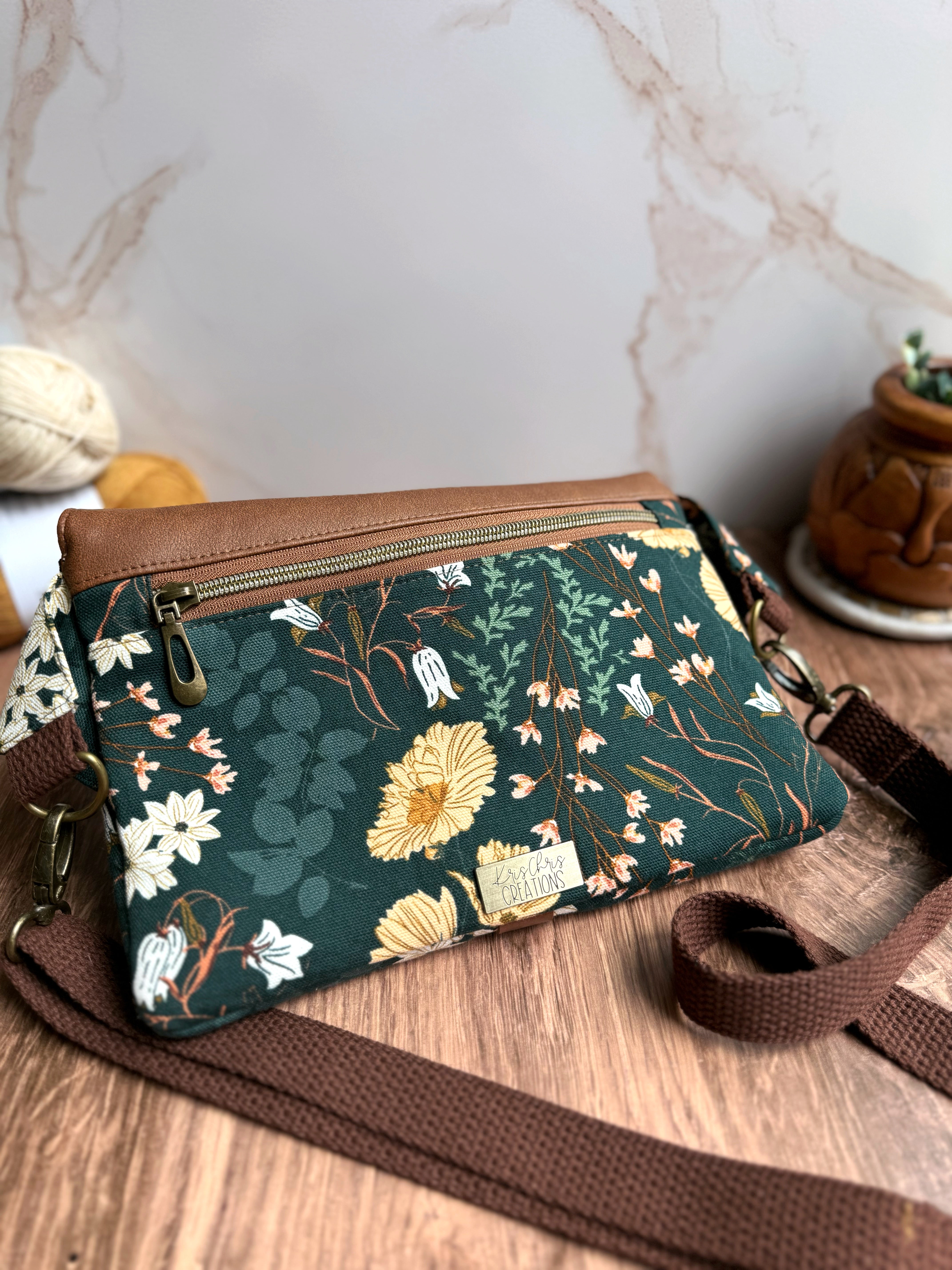 The Jenn - Adjustable Crossbody Belt Bag in Tan Vegan Leather and Green Florals - KrisChris