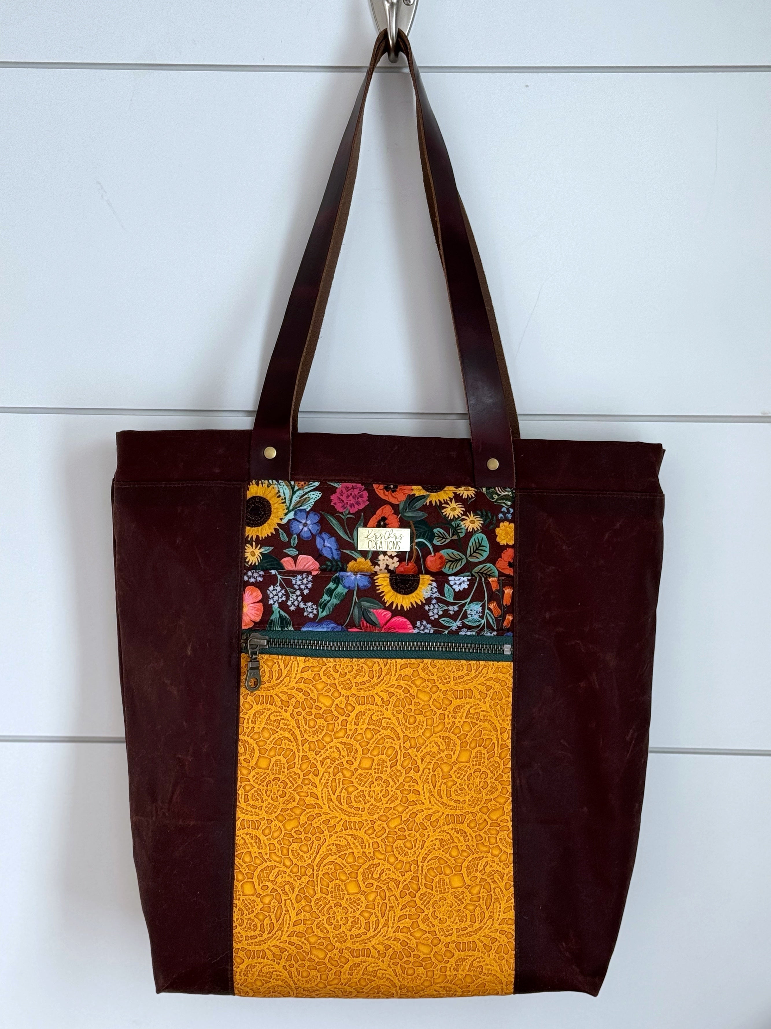 The Kristen - Project Tote Bag in Waxed Canvas, Bright Florals and Yellow Lace Vinyl - KrisChris
