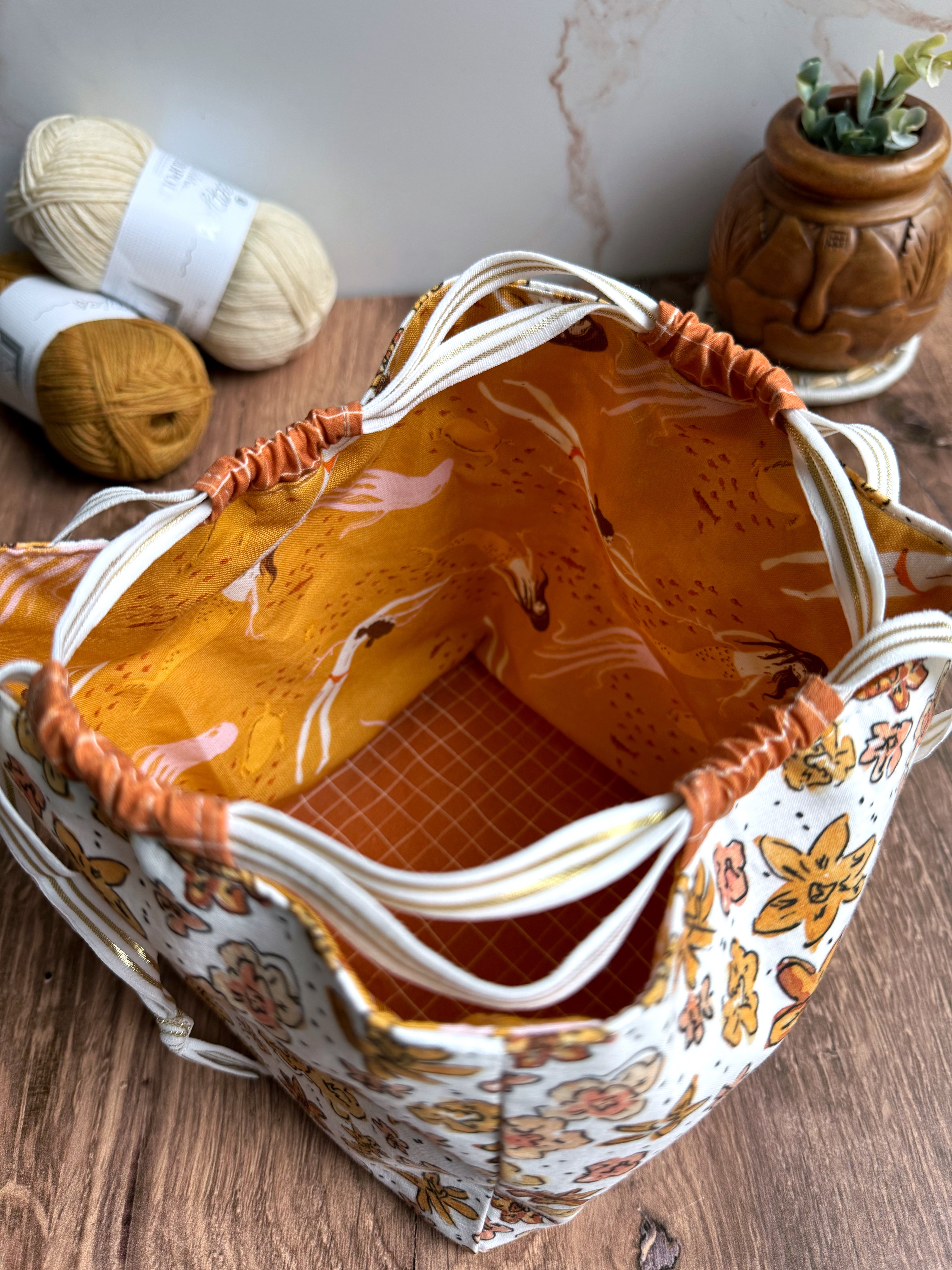 The Pat Pouch - Japanese Drawstring Bag in White and Orange Floral Cotton - KrisChris