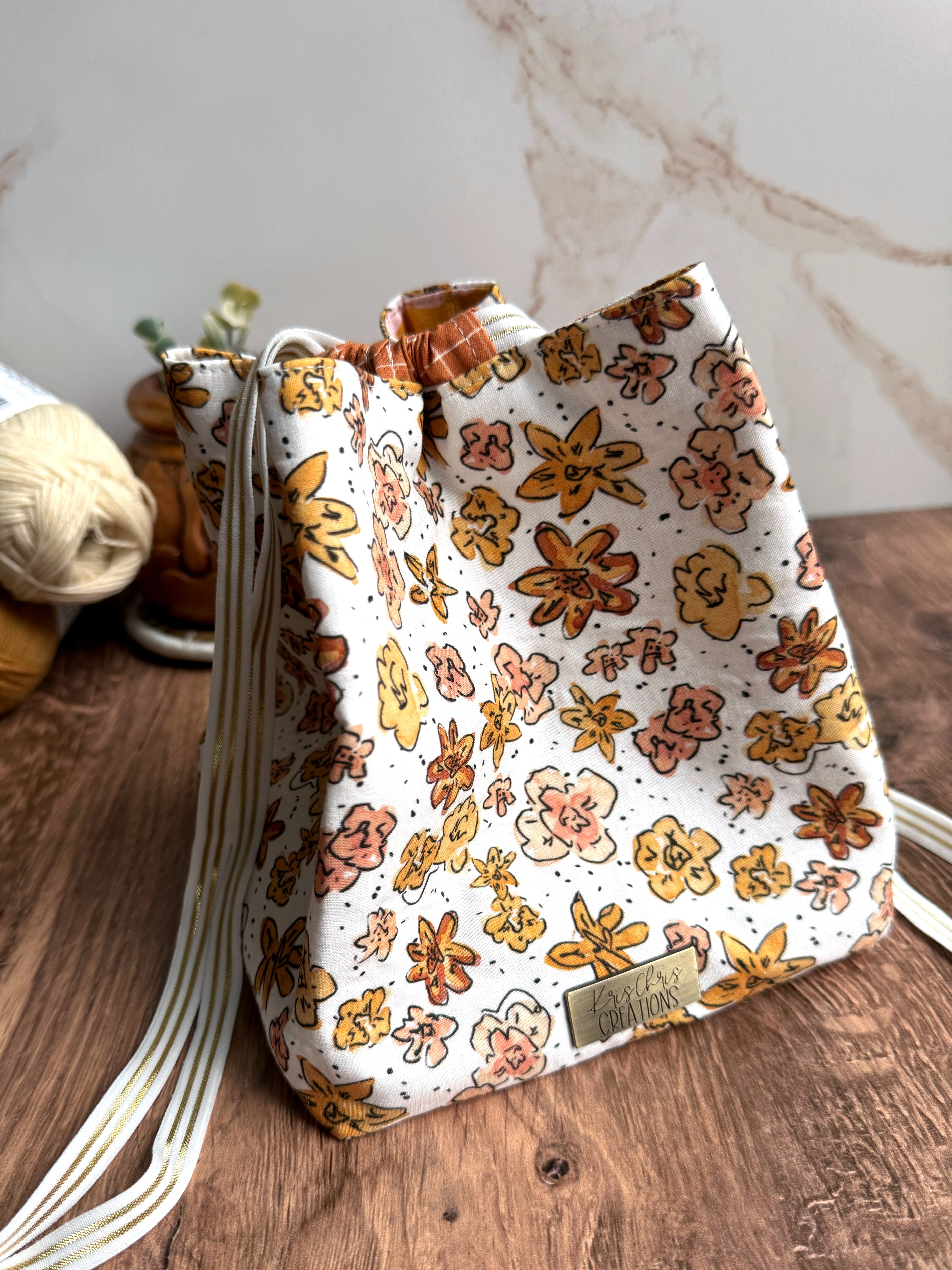 The Pat Pouch - Japanese Drawstring Bag in White and Orange Floral Cotton - KrisChris