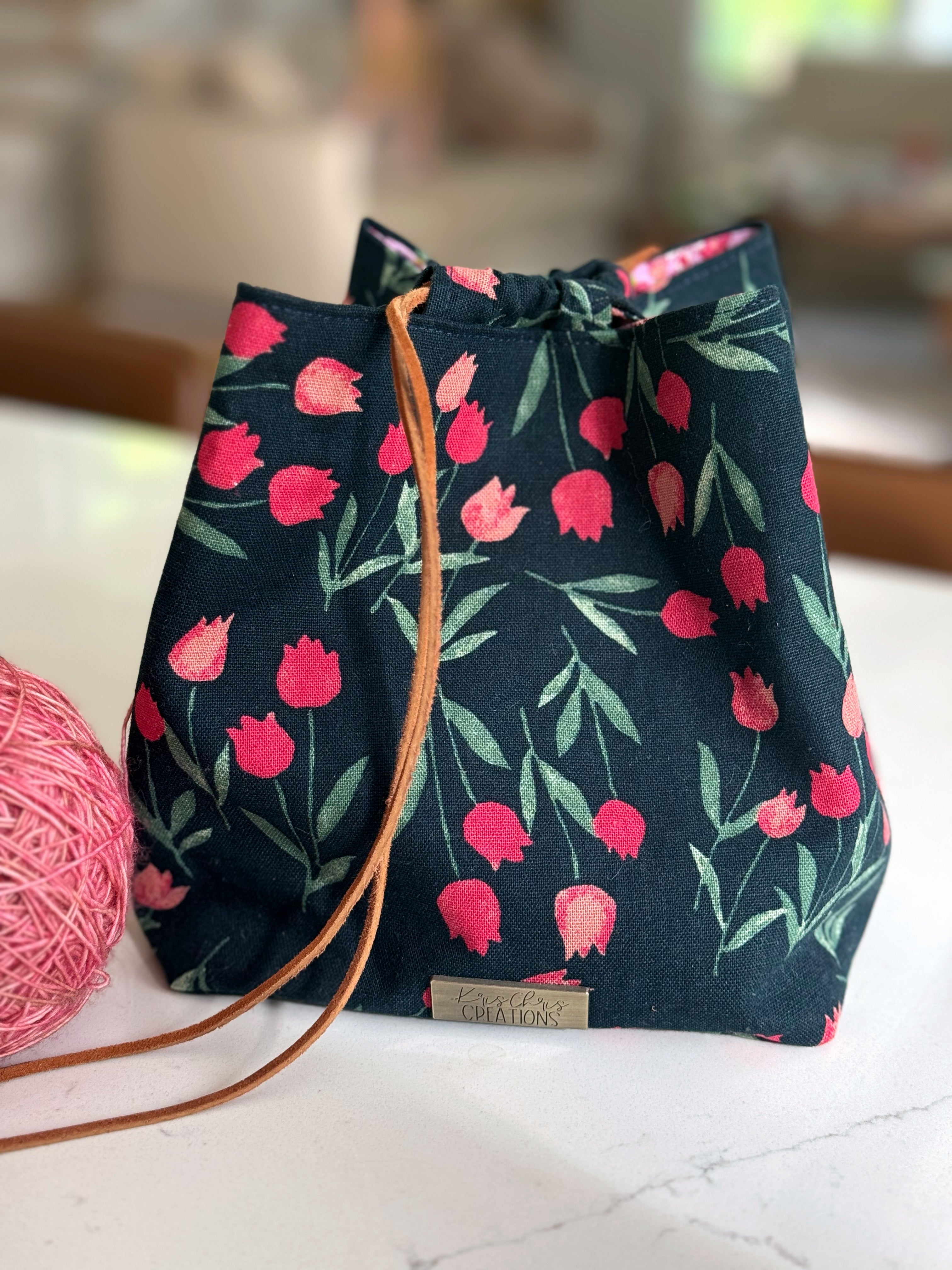 The Pat Pouch - Japanese Drawstring Bag in Navy and Pink Tulip Linen - KrisChris