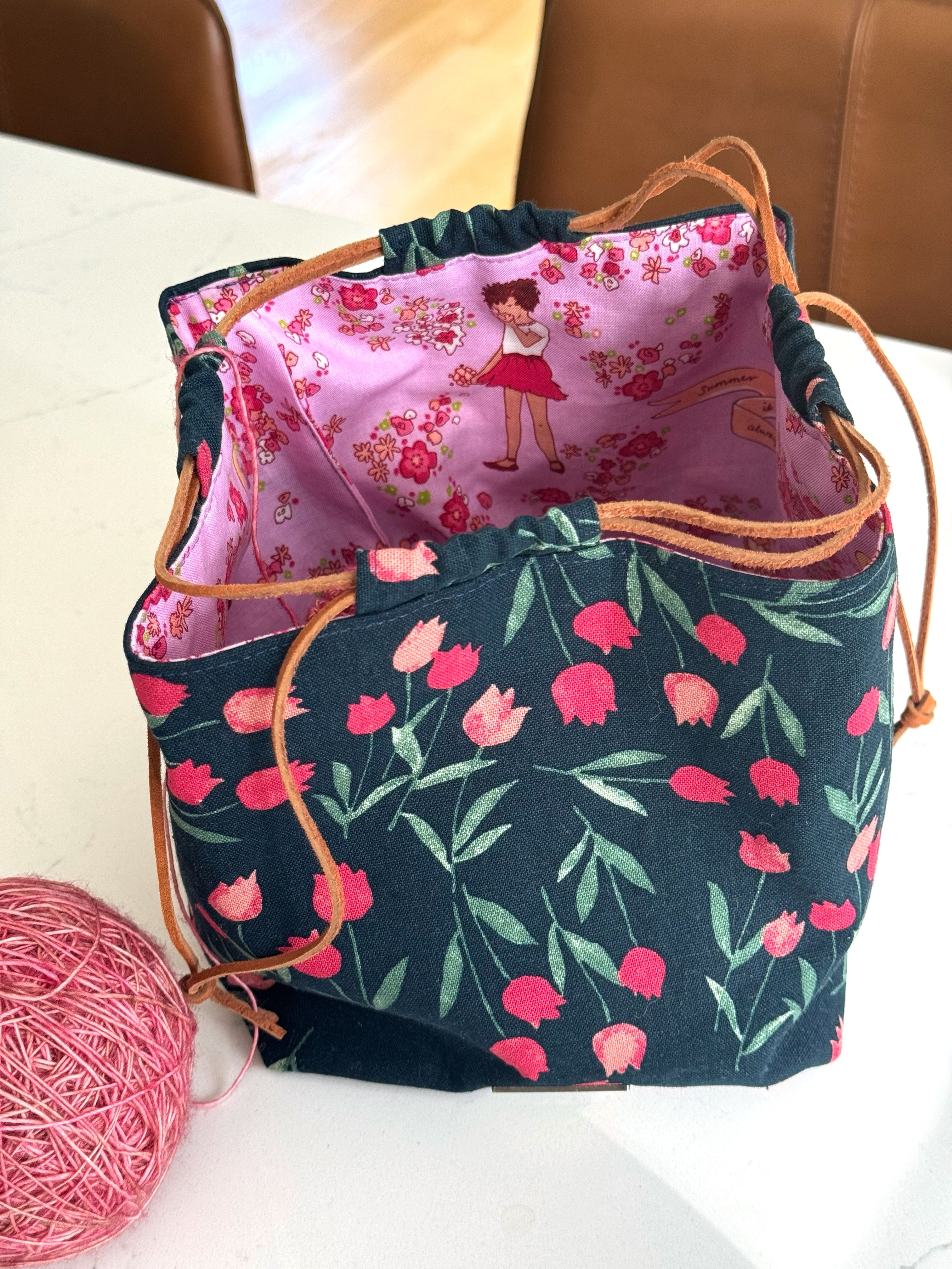 The Pat Pouch - Japanese Drawstring Bag in Navy and Pink Tulip Linen - KrisChris