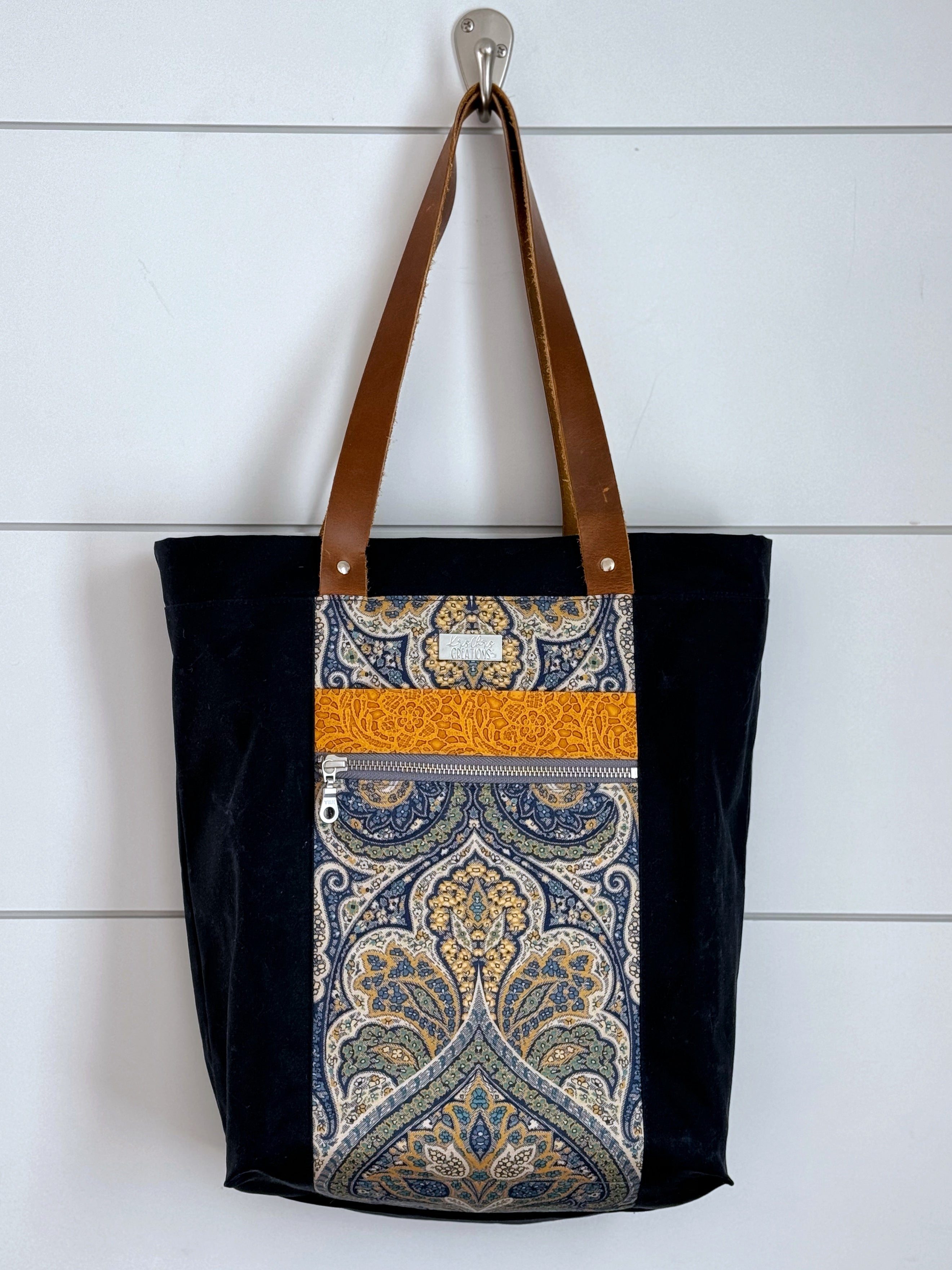 The Kristen - Project Tote Bag in Navy Waxed Canvas Paisley Sunbrella Fabric - KrisChris