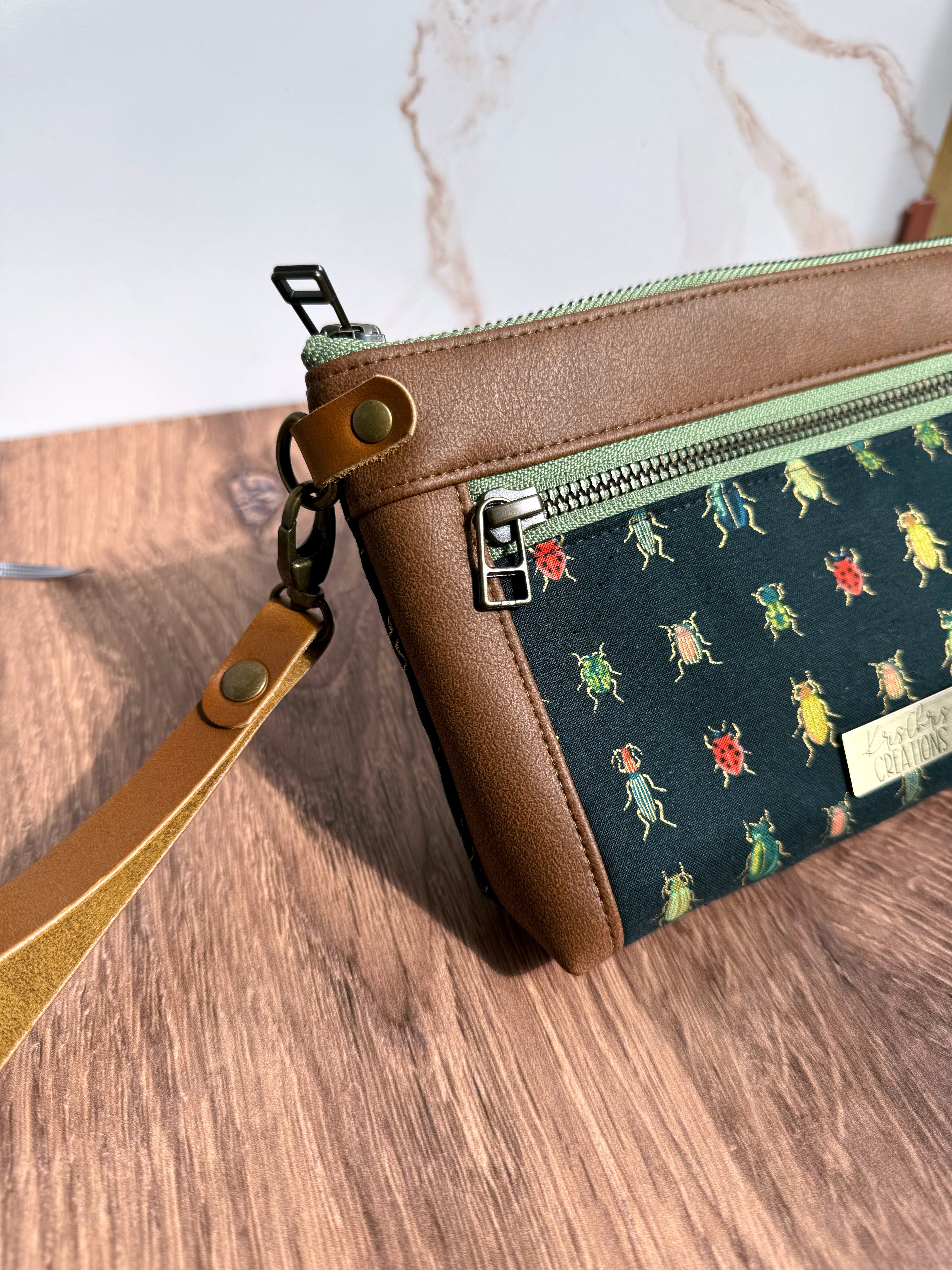 The Erin - Double Zippered Pouch in Tan Vegan Leather and Green Bug Fabric - KrisChris