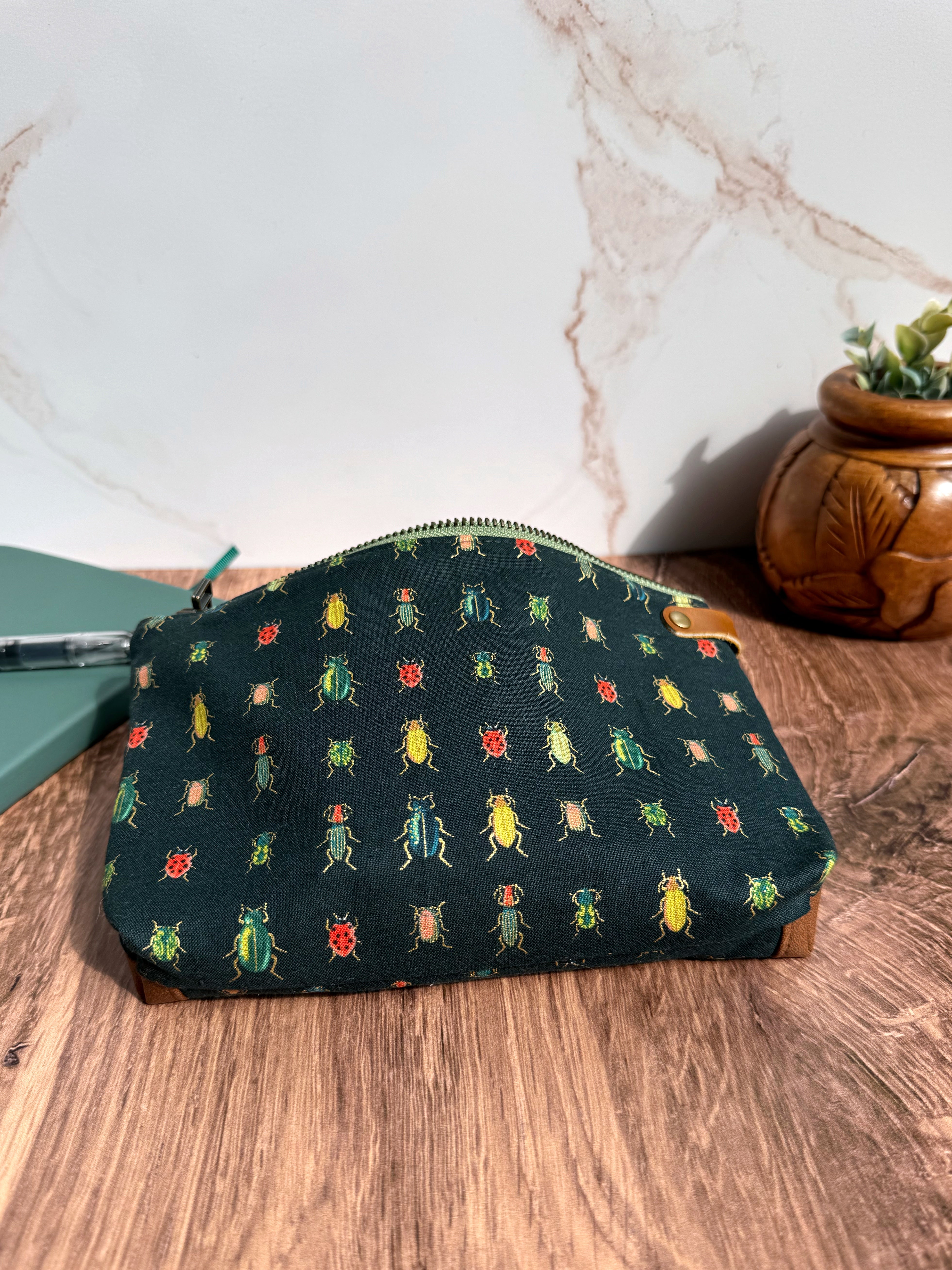 The Erin - Double Zippered Pouch in Tan Vegan Leather and Green Bug Fabric - KrisChris