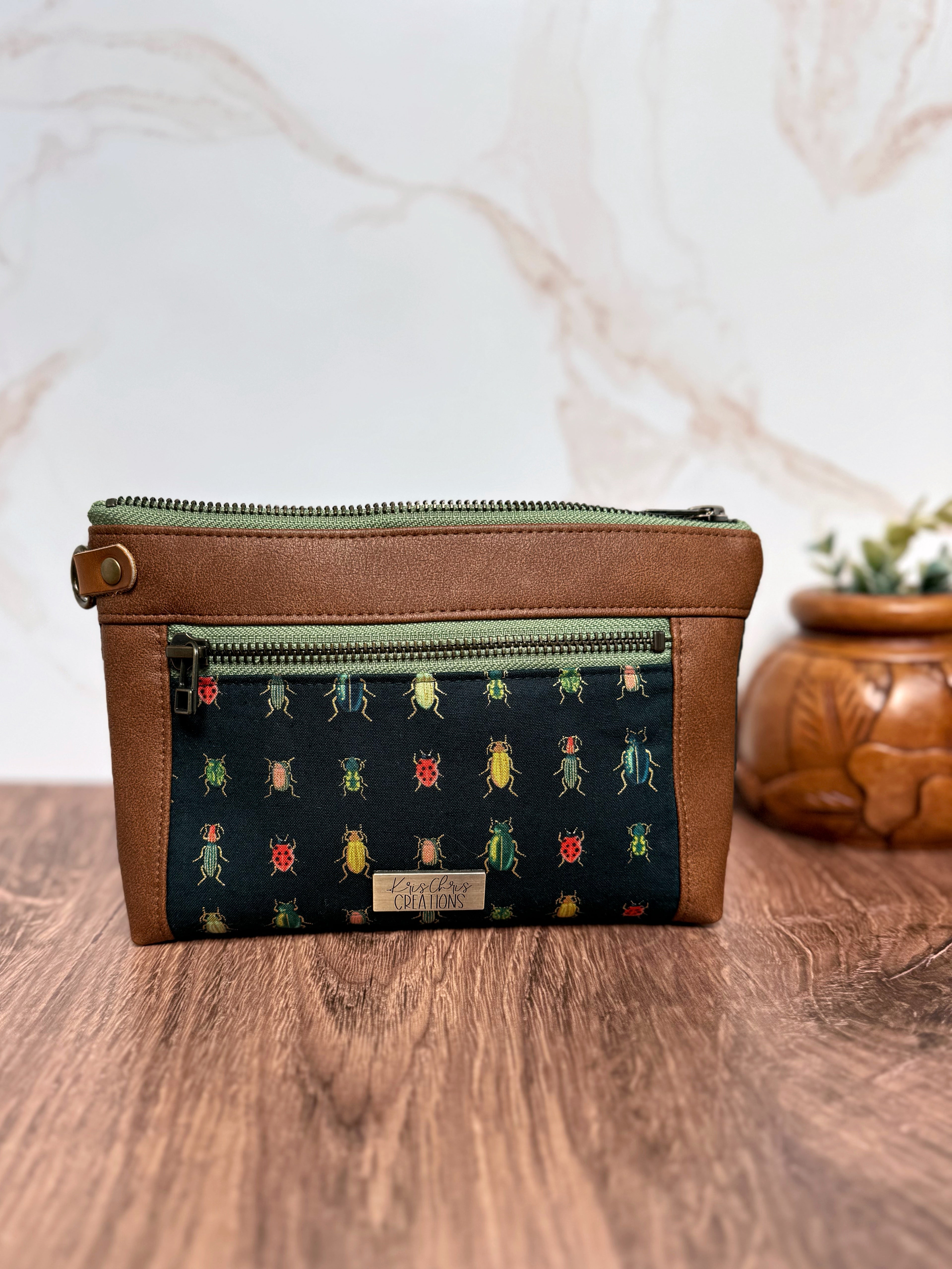 The Erin - Double Zippered Pouch in Tan Vegan Leather and Green Bug Fabric - KrisChris