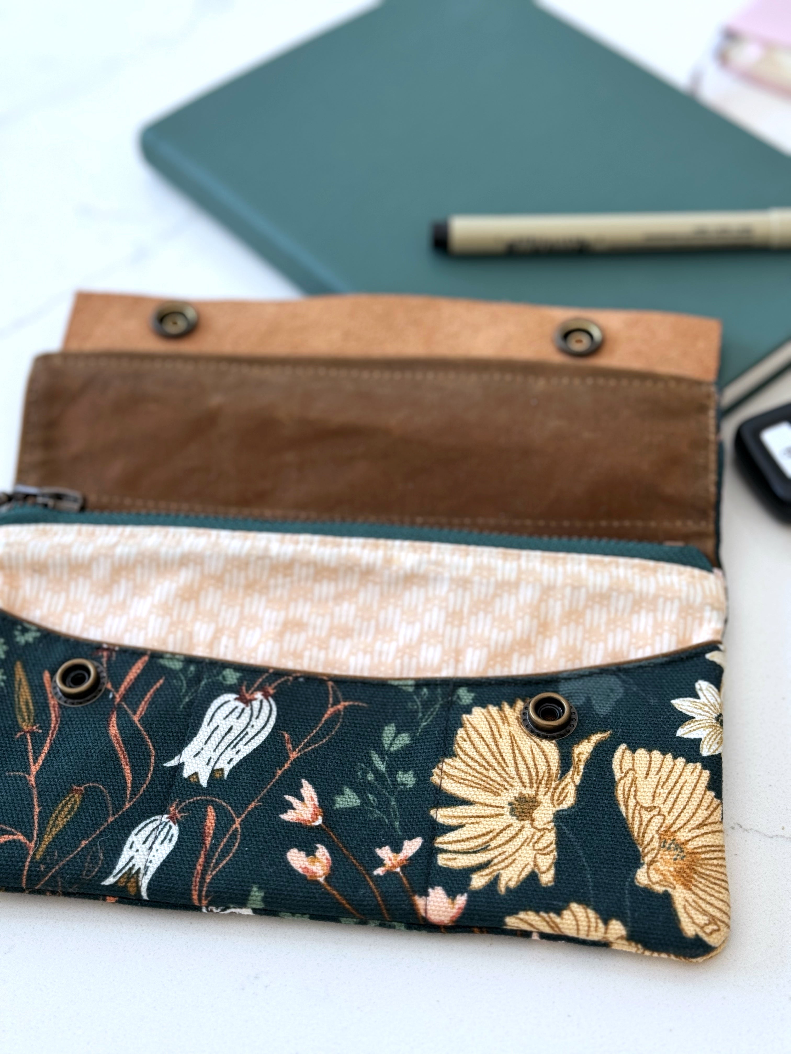 The Janet - Full Size Wallet in Floral Green Illustrated Canvas - KrisChris