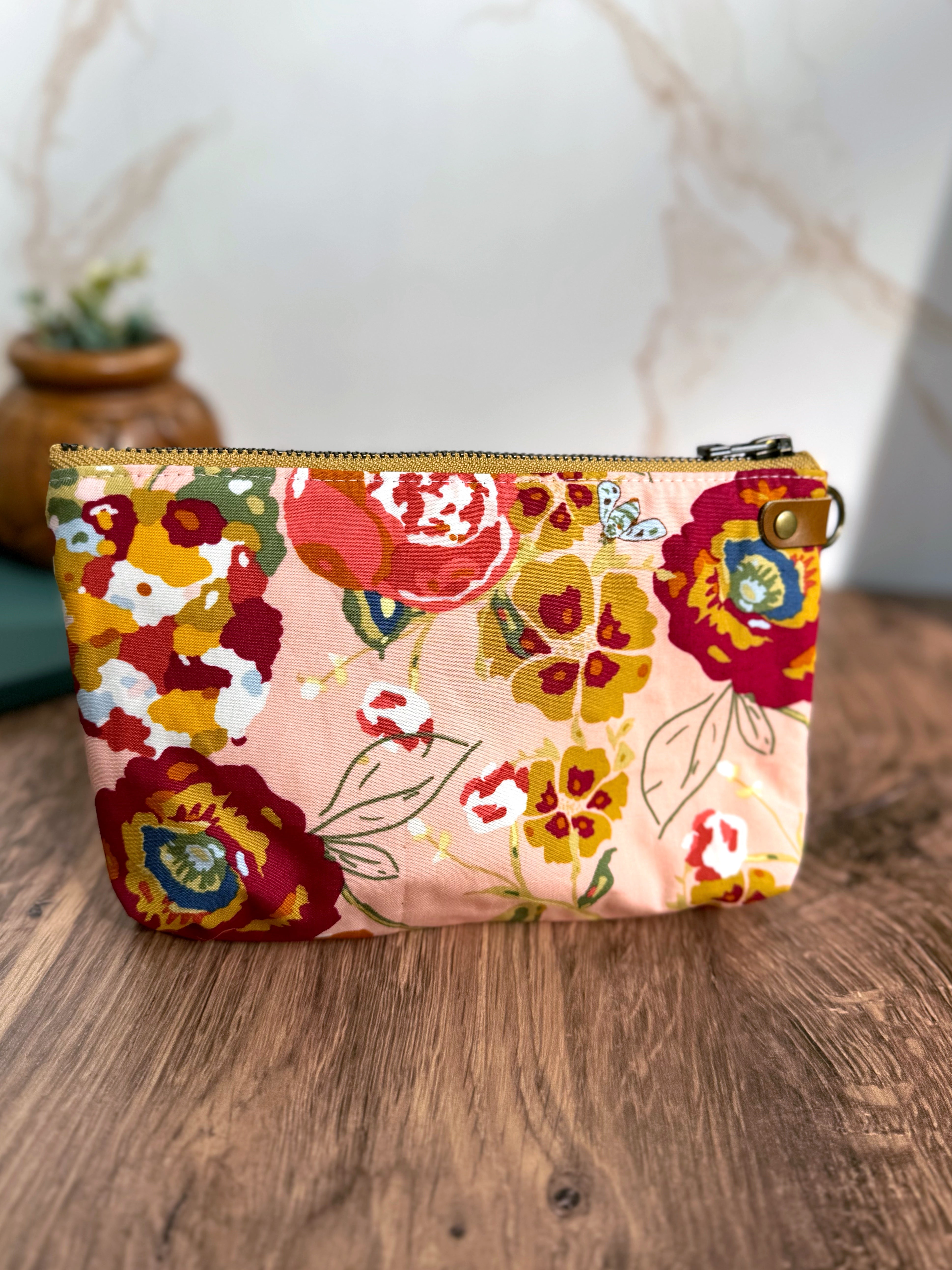 The Erin - Double Zippered Pouch in Yellow Lace Vinyl and Pink and Red Floral Cotton - KrisChris
