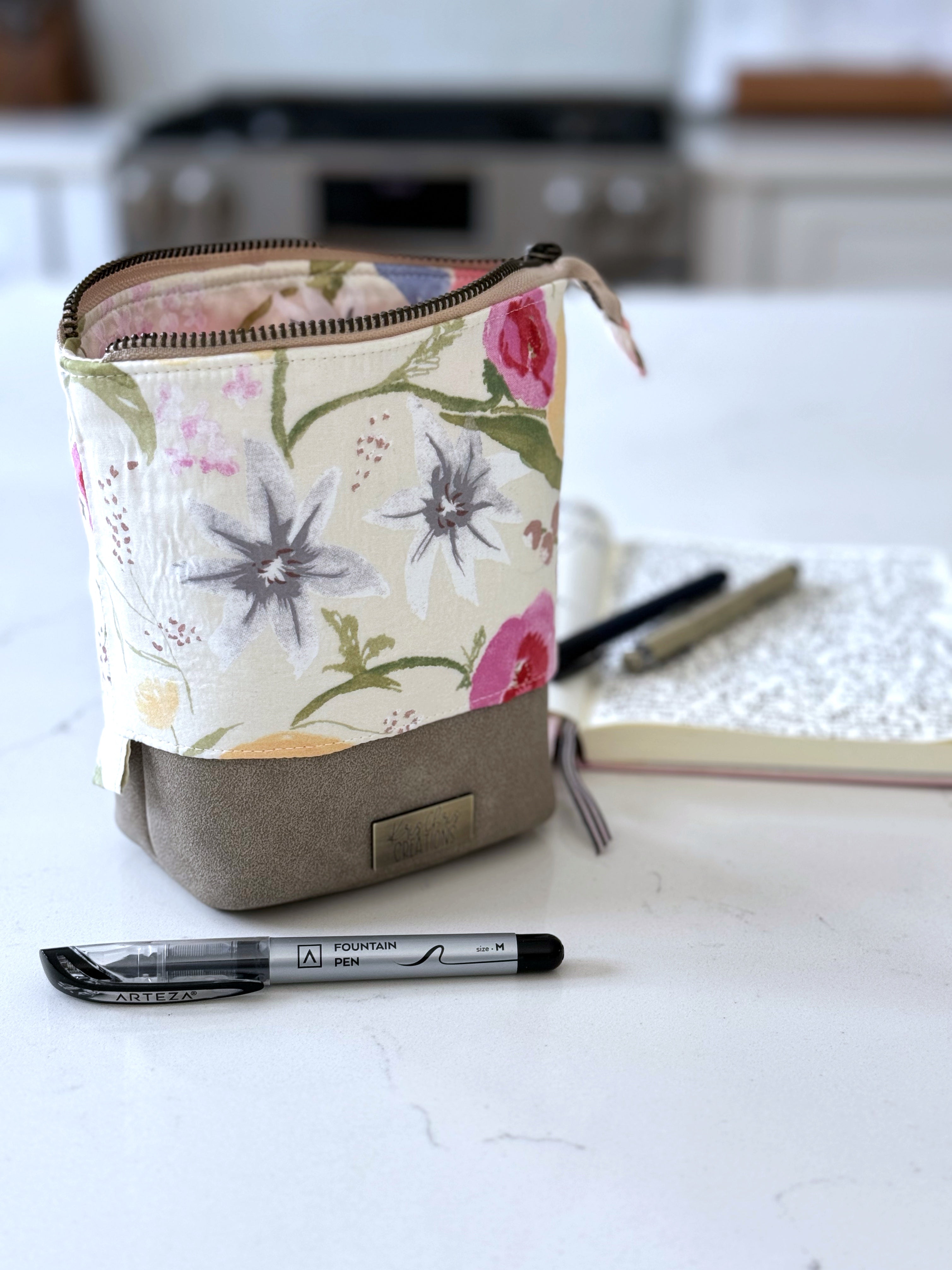 The Kate - Zipper Art Supply Pouch in Beige Vegan Leather and Japanese Watercolor Florals - KrisChris
