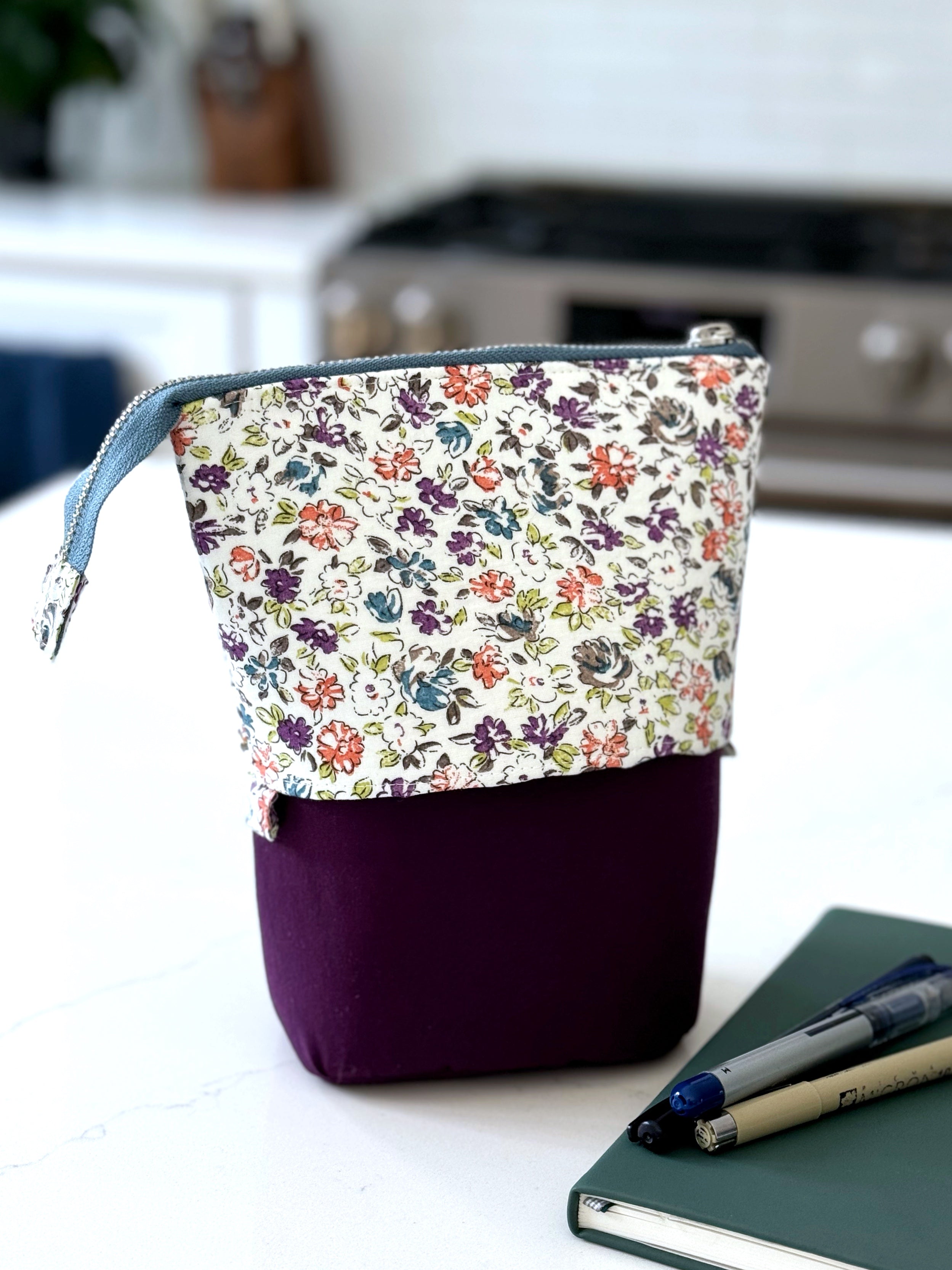 The Kate - Zipper Art Supply Pouch in Purple and White Florals - KrisChris
