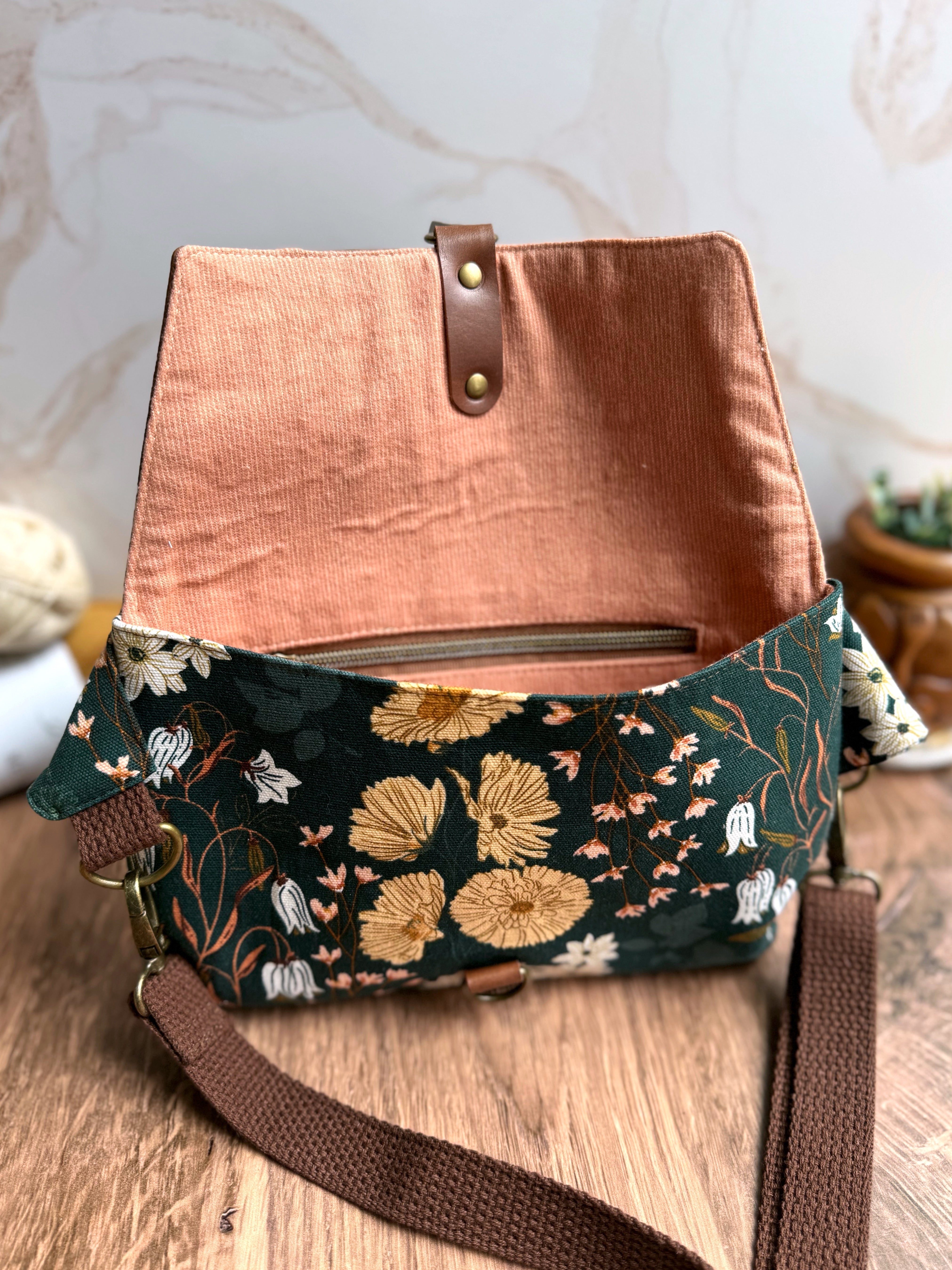 The Jenn - Adjustable Crossbody Belt Bag in Tan Vegan Leather and Green Florals - KrisChris