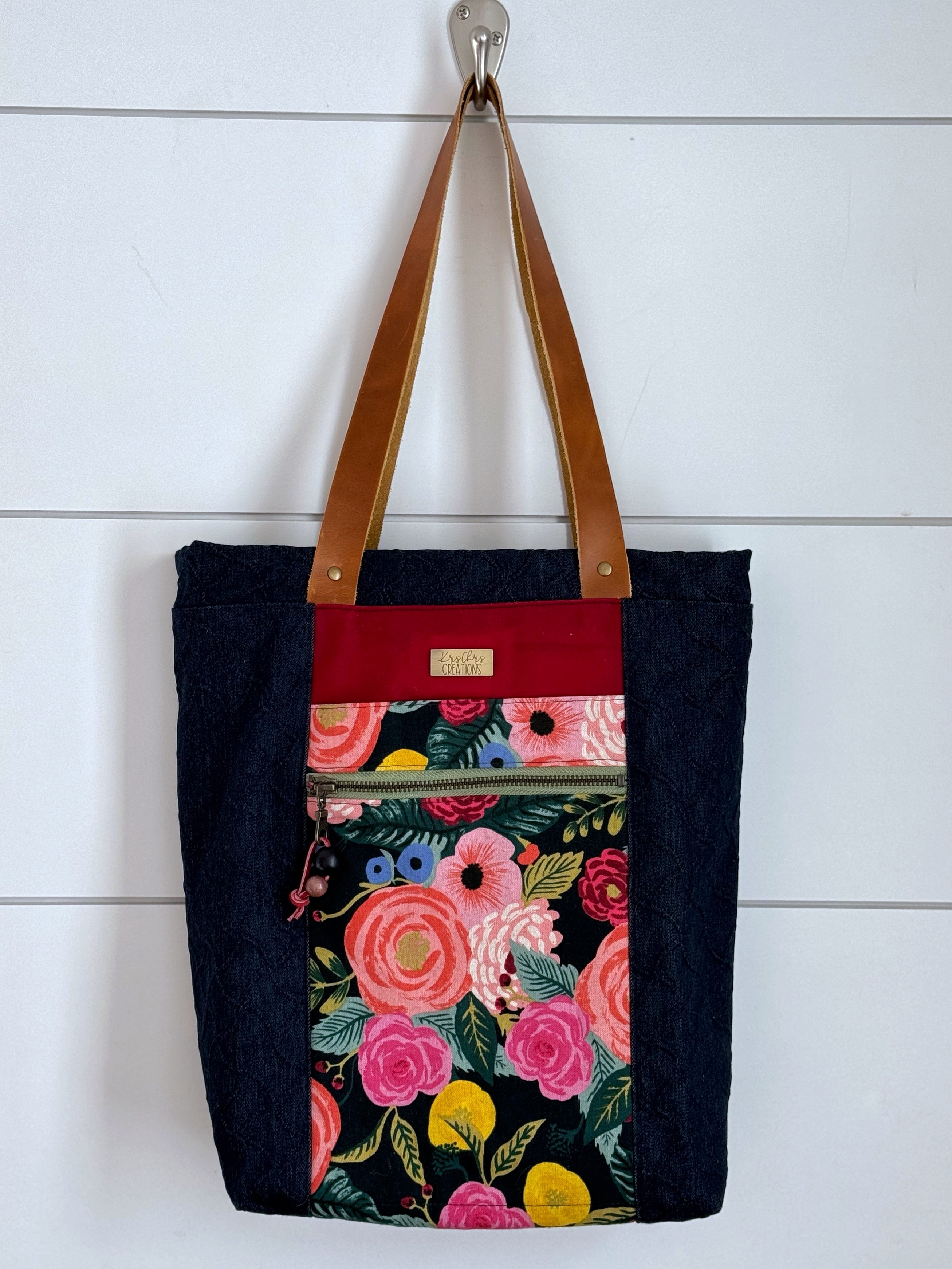 The Kristen - Project Tote Bag in Textured Denim and Bright Pink Floral Canvas - KrisChris